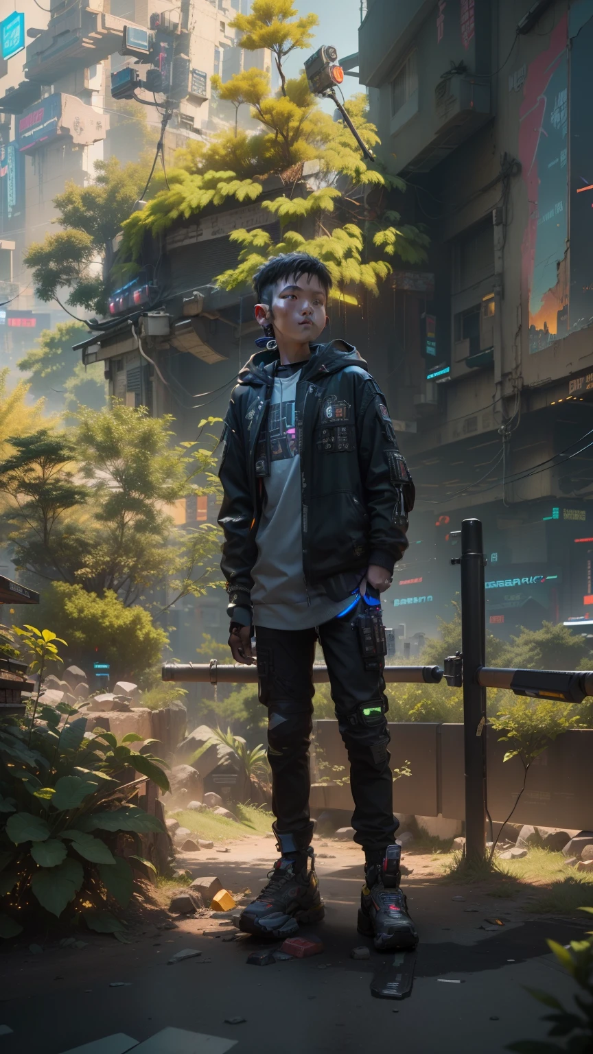 ((Best Quality)), ((Masterpiece)), (Highly Detailed:1.3), 3D, Little Boy, 16 years old, (cyberpunk:1.5), on the street, (holding_weapon:1.3), facing the audience, bright eyes, full body, glowing_eyes, mecha, panorama, f/1.4 lens, cyberpunk background, luminous sign, bokeh background, road, cars, cinematic lights, particles, Reality, HDR (High Dynamic Range), Ray Tracing, NVIDIA RTX, Super Resolution, Unreal 5, Subsurface Scattering, PBR Textures, Post-Processing, Anisotropic Filtering, Depth of Field, Maximum Clarity and Clarity, Multilayer Textures, Albedo and Specular Maps, Surface Shading, Accurate Simulation of Light-Material Interaction, Perfect Proportions, Octane Render, Two-Tone Lighting, Large Aperture, Low ISO, White Balance, Rule of Thirds, 8K RAW, Efficient Sub-Pixel, Sub-pixel Volume Product, (best quality), (Liu Yi Fei: 1.5) no changing face