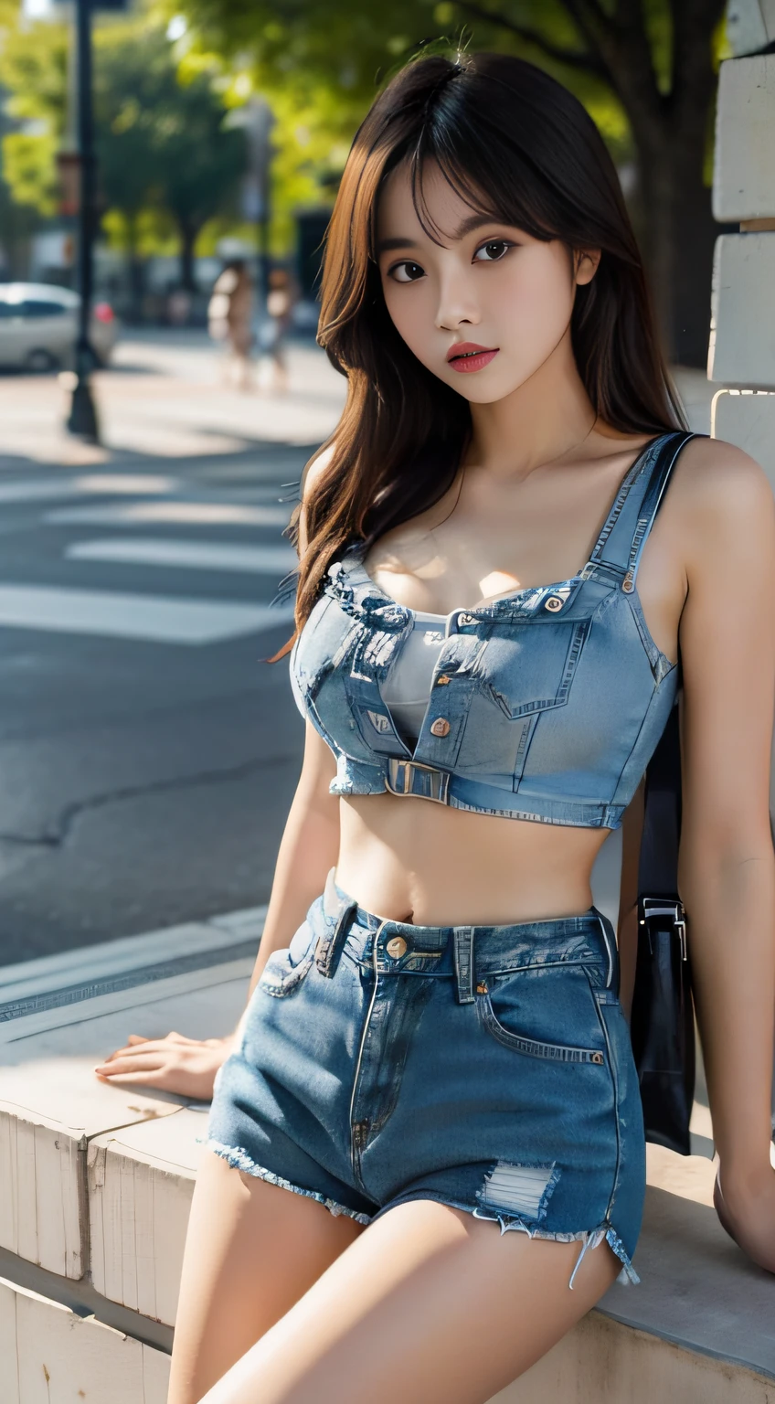 1girll, Chest support, park, Denim shorts,, Masterpiece, Best quality, Highly detailed