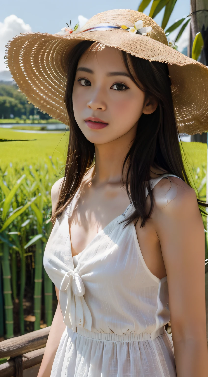 realistic photo, a realistic photo of 22 year girl wearing White sundress with a floral pattern, Half-Up Half-Down with Floral Clip hair,A rice field with a traditional Asian-style hat and bamboo baskets background, (extremely detailed CG unity 8k wallpaper), photo of the most beautiful artwork in the world, 8k uhd, dslr, natural lighting, high quality, High Detail, Sharp focus, dramatic, (looking at viewer:1.2)