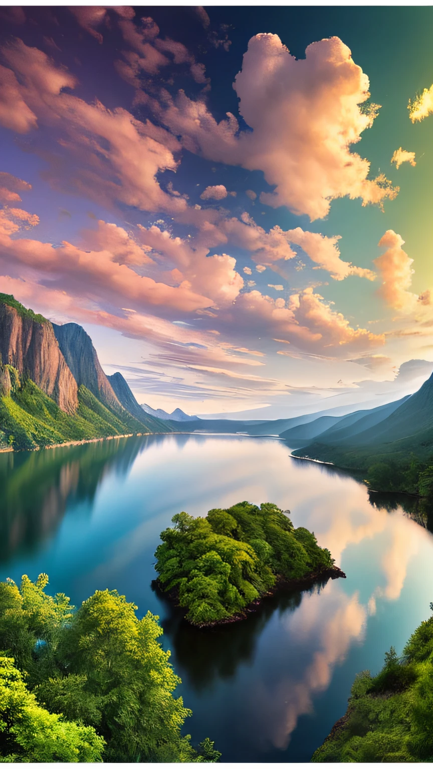 Masterpiece, ultimate quality, Cg unity 8k wallpaper, super delicate, beautiful sky and clouds, rich natural scenery, cliffs, lakes and rivers, waterfalls and flying water, beautiful green mountains, no trace of people, excellent scenery, has already won a photo contest, background Blurring, full depth of field, HDR high dynamics, true restoration, intricate, extreme details, dramatic presentation, perfectly presenting the style of midjourney art.