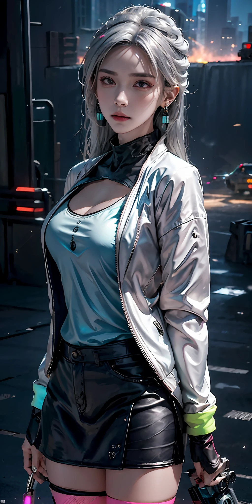 (masutepiece, Best Quality, Night:1.4), (Cowboy Shot, Silver hair:1.9), 8K, absurderes, Beautiful Girl, aldult, (wearable computer:1.4), Cyberpunk, Cybergoth, (cyberpunkoutfit, fluorescence pink accent, glowing pink lines on short jacket:1.5), neons, bracelets and choker, (blazing, Glow, Film grain, chromatic abberation:2), (asian shopping district, Street, Buildings, Skyscraper:1.2), makeup, (cyan earrings:1.3), Sharp Focus, Dark background, Perspective, depth of fields, (very small mechanical device, Rain, nffsw, face lights, Sharp Focus, Dynamic lighting, Cinematic lighting, Professional Shadow, ighly detailed, finely detail, Real Skin:0.8), (Detailed eyes, Sharp pupils, Realistic pupils, dark backgrounds:0.6), (glitch effect:0.8)、a miniskirt、huge tit