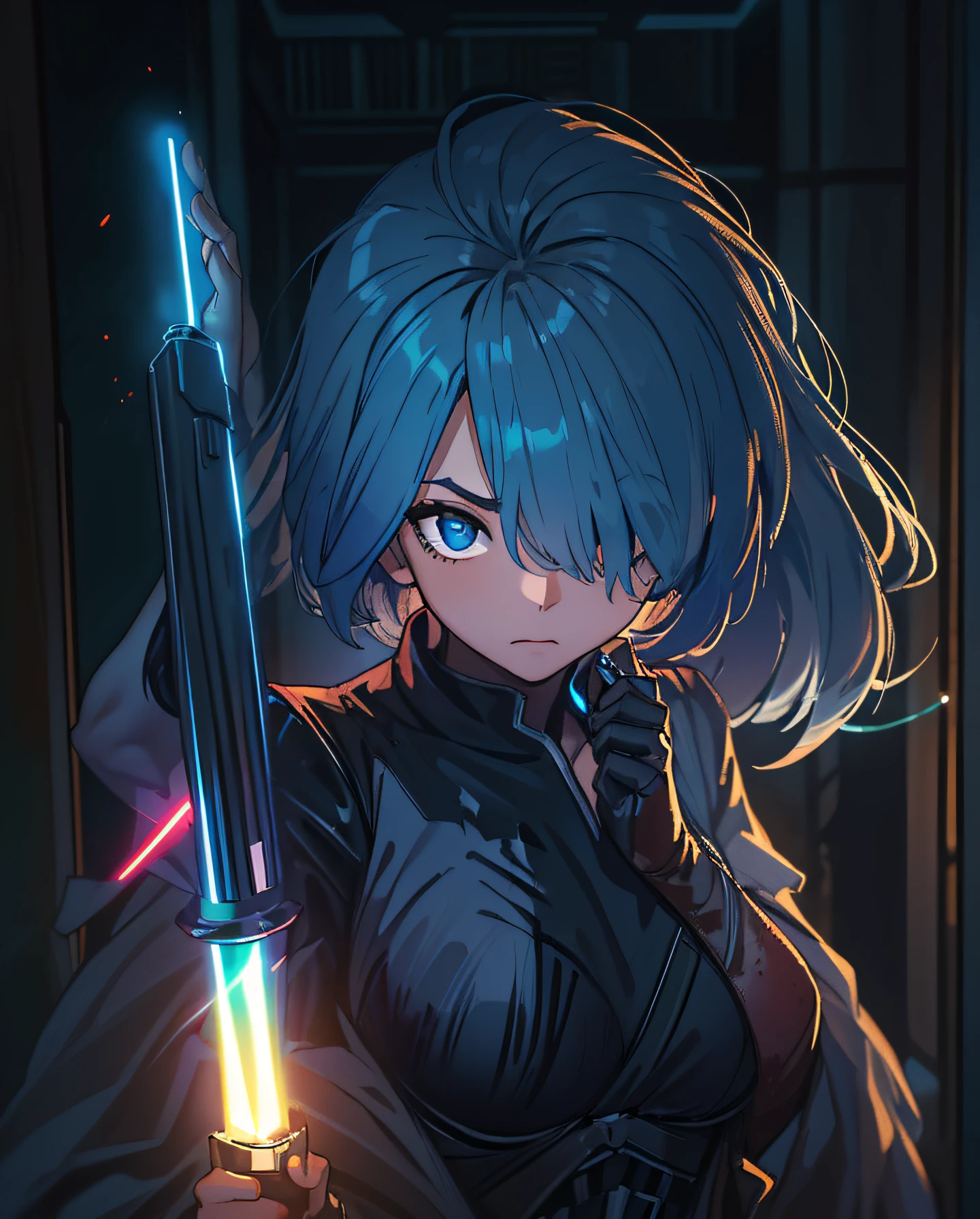 masterpiece, best quality, ultra-detailed, illustration, epic lighting, cinematic composition, isometric, (low key, dark theme:1.2), 1girl, solo, rem_\(re_zero\), cute, lustrous skin, enchanting gaze, captivating pose, blue hair, short hair, (hair over one eye:1.3), blue eyes, glowing eyes, flaming eye, sthoutfit, (lightsaber, holding lightsaber, blue lightsaber:1.2), walking:1.1, cowboy shot, from below, looking at viewer, arms at sides, (revenge, vengeance hate, anger, bloodthirsty:1.1), death, destruction, epic, cinematic, dramatic, reflective, ray tracing, Tindal effect, (Balance and coordination between all things), fantasy, intimidating, indoors, night, mansion hallway, (glowing in the dark, emerging from the shadows, dark, darkness, pitch black, shadows:1.4), (8k:1.1),