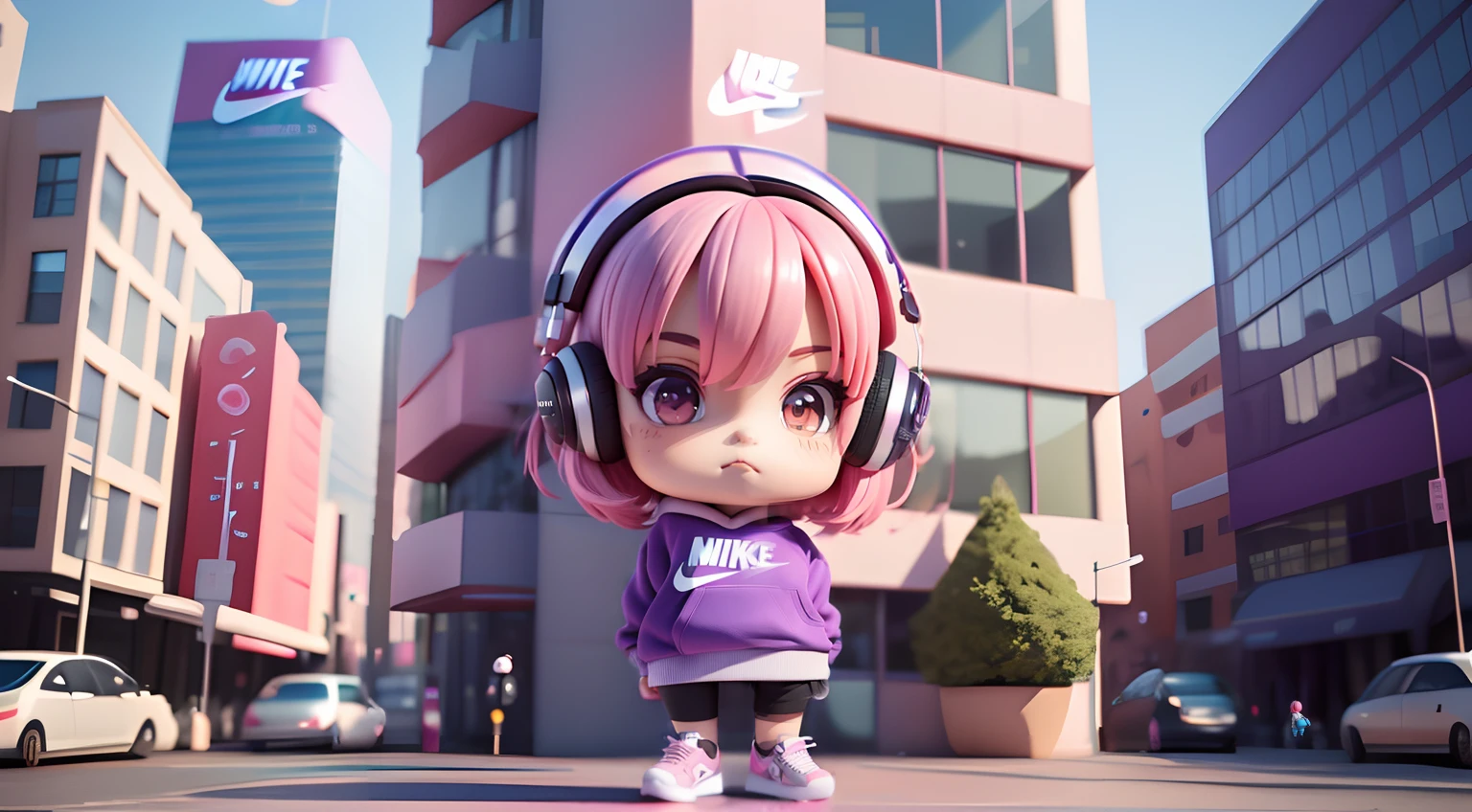 (masutepiece),(Best Quality),(Ultra-detailed), (Full body: 1.2), egirl,Chibi,Cute,(city), Listening to music (Kangaroo sweatshirt) Purple and (Nike sneakers) , (arms  cuffs),A pink-haired,a short bob