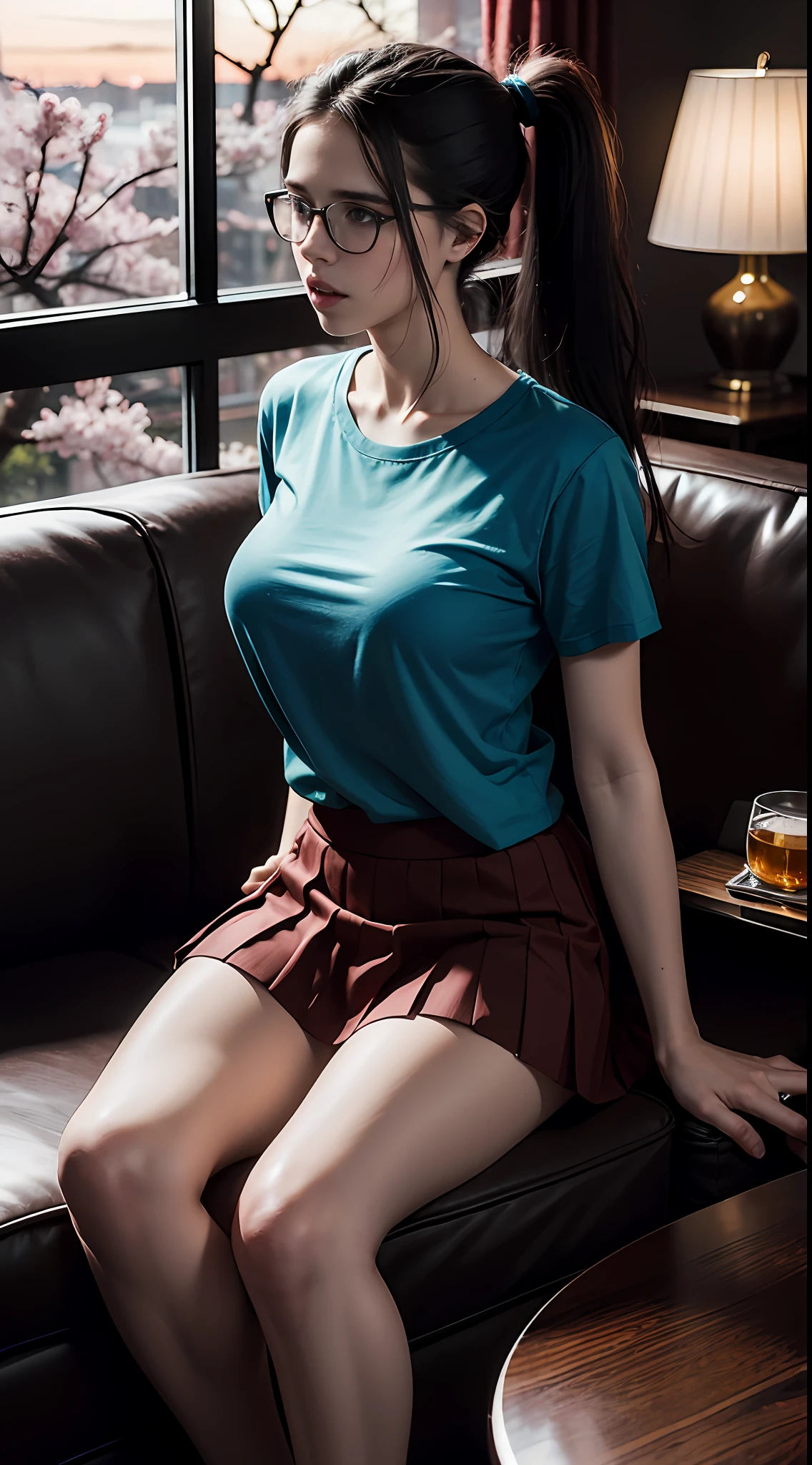 Beautiful young Margaret Qualley, glasses, t-shirt, pleated skirt, hyperrealistic, 14 years old, model body, big breasts, beautiful breasts, big hips, long hair, ponytail, long legs, 8k, oriental house, cherry blossom, sunrise sunset, light lighting, sitting on sofa, lifting t-shirt with hands
