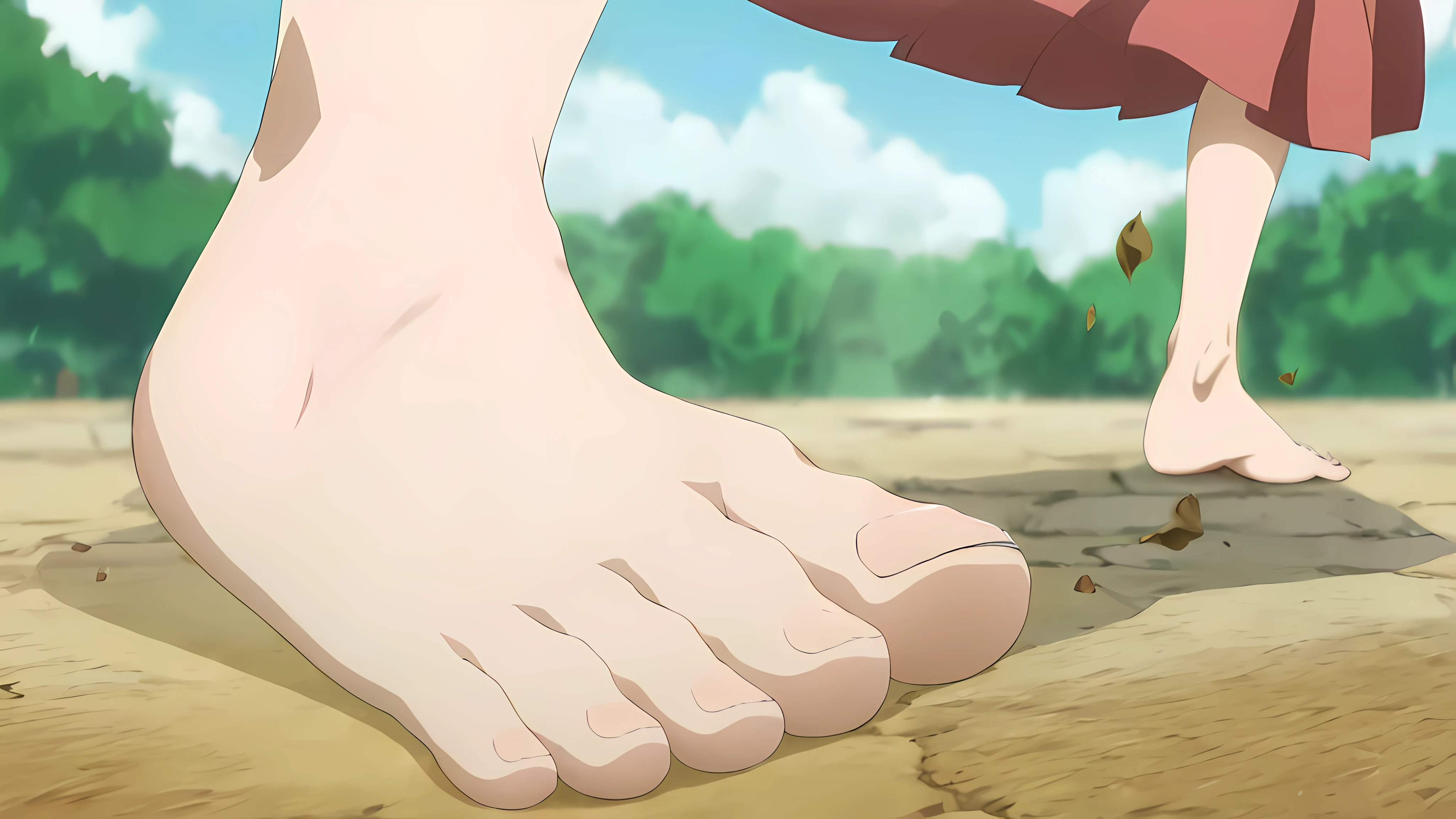 (anime foot:1.2),(girl stepping pavement),(barefoot),(right foot with five toes),(left foot behind with fingers facing the bottom)