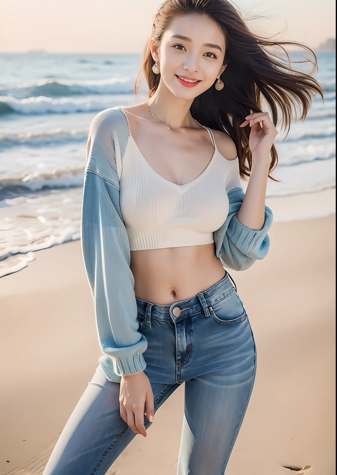 Woman in jeans on the beach，Dancing sexy，Full body shooting:1.8（RAW photogr，超高分辨率，8K,HD,tmasterpiece，best qualtiy），Complicated details， 20 years old Asian woman，Wear a skinny knit sweater（Slim，Tightly attached to the body）and navel-baring fashion jeans，Realistic and detailed costumes，Detailed beach，A sweet smile appeared on the little face，The face is white and tender，skin lightening，Ultra-realistic facial details，Beautiful accessories，Playful and coquettish pose，The calves are straight and slender:1.5，Wear high-end branded travel shoes:1.5，eventide，warm color，Broad lighting，naturalshadow，taking a full body photo:1.8