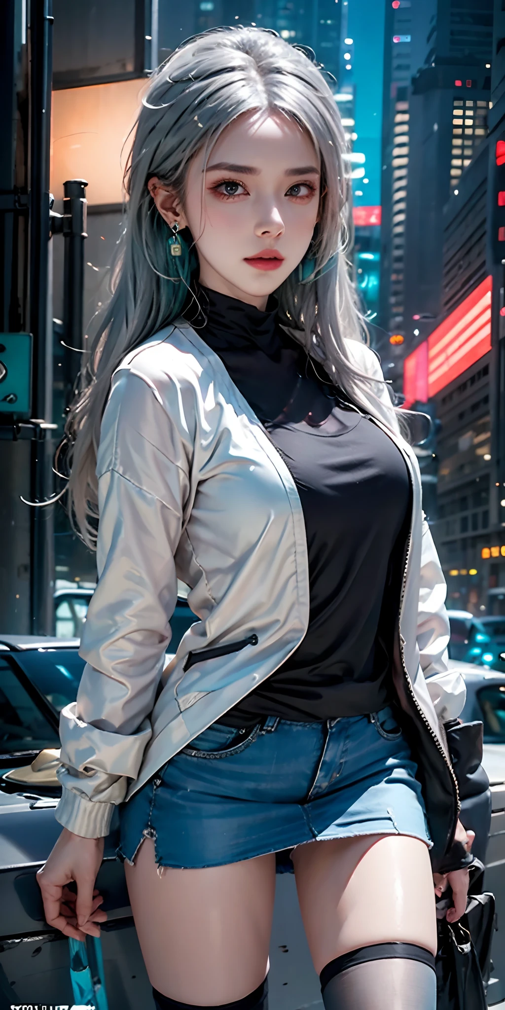 (masutepiece, Best Quality, Night:1.4), (Cowboy Shot, Silver hair:1.9), 8K, absurderes, Beautiful Girl, (wearable computer:1.4), Cyberpunk, Cybergoth, (cyberpunkoutfit, fluorescence pink accent, glowing pink lines on short jacket:1.5), neons, bracelets and choker, (blazing, Glow, Film grain, chromatic abberation:2), (asian shopping district, Street, Buildings, Skyscraper:1.2), makeup, (cyan earrings:1.3), Sharp Focus, Dark background, Perspective, depth of fields, (very small mechanical device, Rain, nffsw, face lights, Sharp Focus, Dynamic lighting, Cinematic lighting, Professional Shadow, ighly detailed, finely detail, Real Skin:0.8), (Detailed eyes, Sharp pupils, Realistic pupils, dark backgrounds:0.6), (glitch effect:0.8)、a miniskirt、huge tit