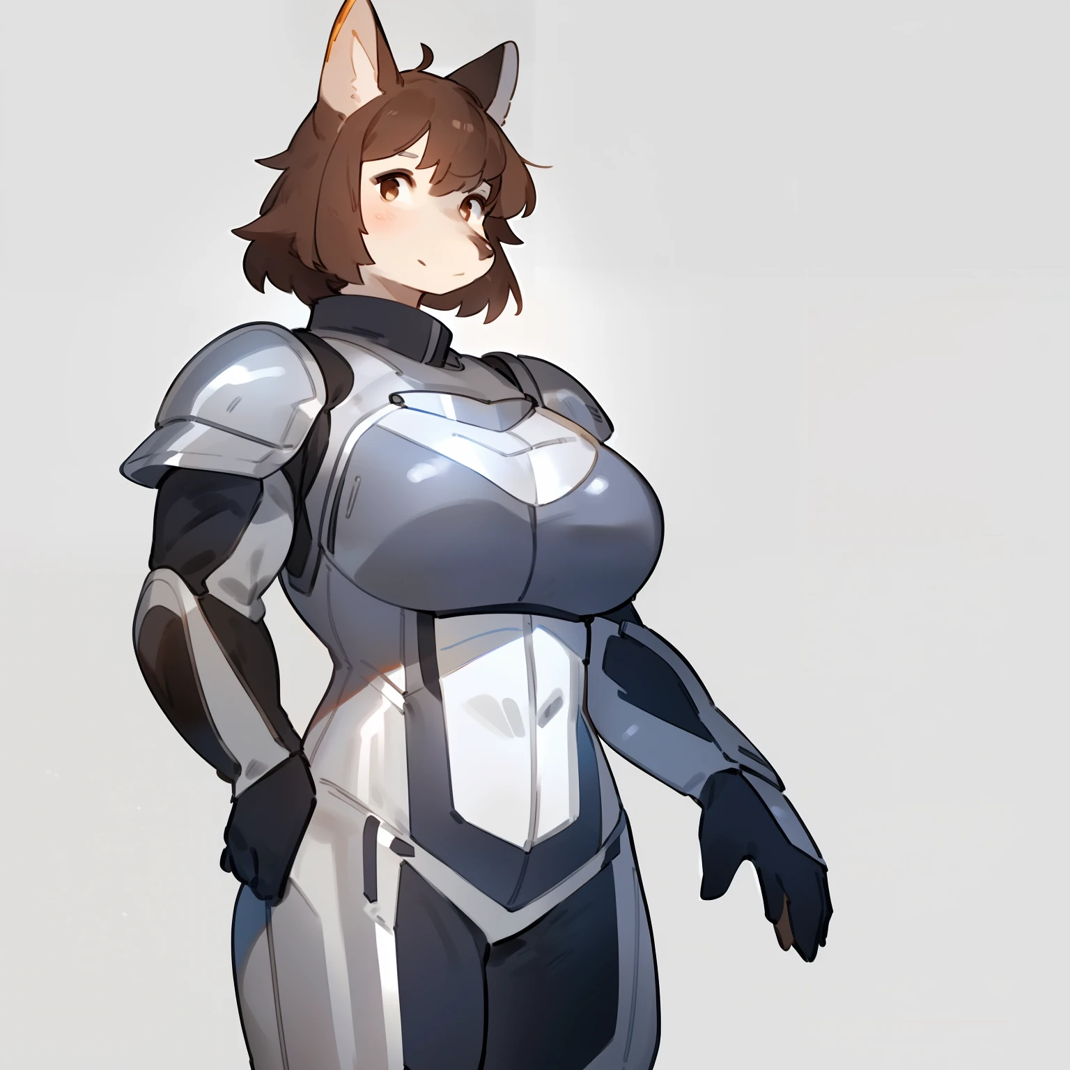 By bebebebebe, by spuydjeks, by buta99, by spikedmauler, solo, standing, female, ((hair, snout)), (((muscular))), steel chest piece, metal shoulder pads, ((silver spacesuit under armor)), (((silver))), big breasts, silver knight armor, canine, red fox, black hair, black nose, green eyes