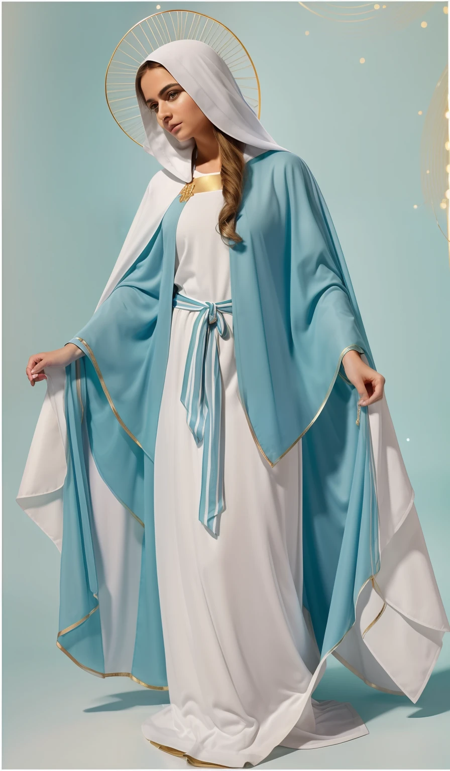 ((Blessed Virgin Mary. 19 years old))) ((( Con una cara seria y piadosa. Con una mirada dulce y tierna))) (obra maestra, calidad superior, mejor calidad, arte oficial, beautiful and aesthetic: 1.2), (1girl), extremadamente detallado, (Arte fractal: 1.3), colorido, highest detailed, Cara perfecta, parte superior del cuerpo, HDR, (orando: 1.3), (golden lines of white coat: 1.2), galaxia, (rayas de luz), eye-catching visuals, (dynamic stripes, senderos luminosos: 1.2), colores vibrantes,