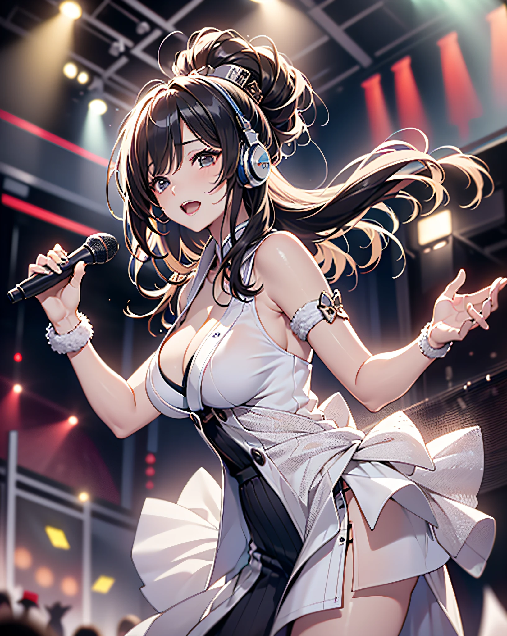 (Realistic, Photorealistic: 1.37), (Masterpiece, Best Quality: 1.2), (Ultra High Resolution: 1.2), (RAW Photo: 1.2), (Sharp Focus: 1.3), (Face Focus: 1.2), (Ultra Detailed CG Unified 8k Wallpaper: 1.2), (Beautiful Skin: 1.2), (pale Skin: 1.3), (Hyper Sharp Focus: 1.5), (Ultra Sharp Focus: 1.5), ( Beautiful pretty face: 1.3), (Japanese actress face:1.3), (super detailed background, detail background: 1.3), masterpiece, best quality, high res, ultra detailed, hyper shrap, white skin, real human skin, (detailed face), oval face, pores, from below, low angle, looking down the viewer, ultra high res, (8k, RAW photo, photorealistic:1.4), BREAK, 1girl, slim, (large-breast:1.37, cleavage), Illustration of a scene in which an idol singer is singing enthusiastically on a live stage.
The idol singer is standing in the center of the stage.
The idol singer is wearing a mini-skirt and boots.
The idol singer has her hair up and is wearing a headset.
The idol singer is holding a microphone and singing.
The idol singer's expression is serious and powerful.
The singer's voice is strong and beautiful.
Fans are gathered around the stage.
Fans are singing and dancing along with the idol singers.
The venue is filled with excitement.
This illustration shows the passionate live performance of an idol singer. Fans are fascinated by the idol singer's voice and performance. The venue is filled with excitement and the idol singer's live performance is a success.