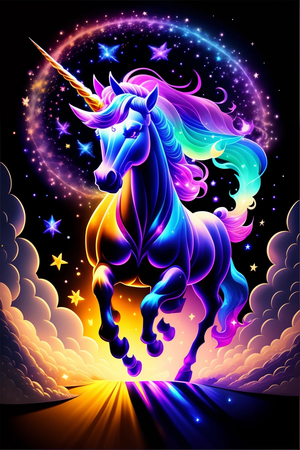 Colorful unicorn running in night sky isolated on black background、Majestic and fantastic、Breathtaking rendering、In a shining connection、Kinuko Y.Inspired by the craft、magic elements、The is amazing、Beautiful fece、Multi-cast colorful spells、Bright flash、The Flash
