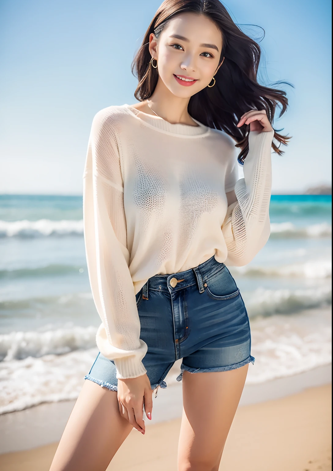 Woman in jeans on the beach,Dancing sexy,Full body shooting:1.8(RAW photogr,超高分辨率,8K,HD,tmasterpiece,best qualtiy),Complicated details, 20 years old Asian woman,Wear a skinny knit sweater(tight-fitting,Fit snugly to the body)and trendy jeans with open navels,Realistic and detailed costumes,Detailed beach,A sweet smile appeared on the little face,The face is white and tender,skin lightening,Ultra-realistic facial details,Beautiful accessories,Playful and coquettish pose,The calves are straight and slender:1.5,Wear high-end branded travel shoes:1.5,eventide,warm color,Broad lighting,naturalshadow,taking a full body photo:1.8