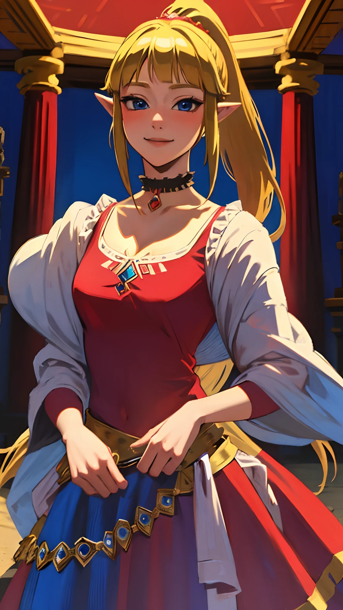 (masterpiece, best quality:1.2), (looking at viewer), princess, Zelda, red theme, long dress, blonde hair, blue eyes, palace, frills, cowboy shot, ponytail,(blushing:0.9), (choker), (smiling:0.7)