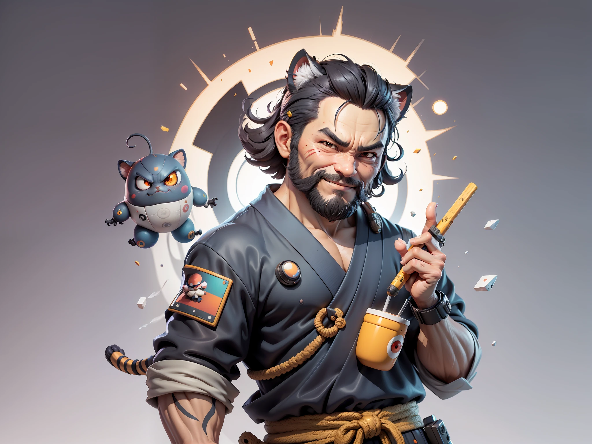 (Daisaku),(Need),(Super meticulous),(full bodyesbian:1.2),Super young man with Japanese geisha,Beautiful,orient,one tiger,Aeolian Thor,Raised sexy,爆乳,Oriental face,TV Anchor,Bust portrait illustration,In black suit,a blue tie,The face is slightly chubby,The face was clean,without a beard,Black super short hair,Black eyes,Smile confidently,3C computer sub-products,iPad, iphone,Digital painting,3D character design by Mark Clairen and Pixar and Hayao Miyazaki and Akira Toriyama,The illustration is a high-definition illustration in 4K resolution,With very detailed facial features and cartoon-style visuals。