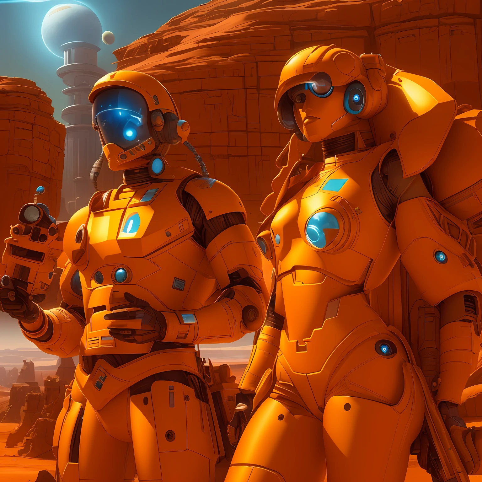 two robots standing in front of a desert with a cell phone, beeple and tim hildebrandt, sci fi characters, detailed sci-fi art, sci-fi space game art, beautiful sci - fi twins, pristine concept art, space soldier on mars with a gun, depicted as a scifi scene, 8 k high detail concept art