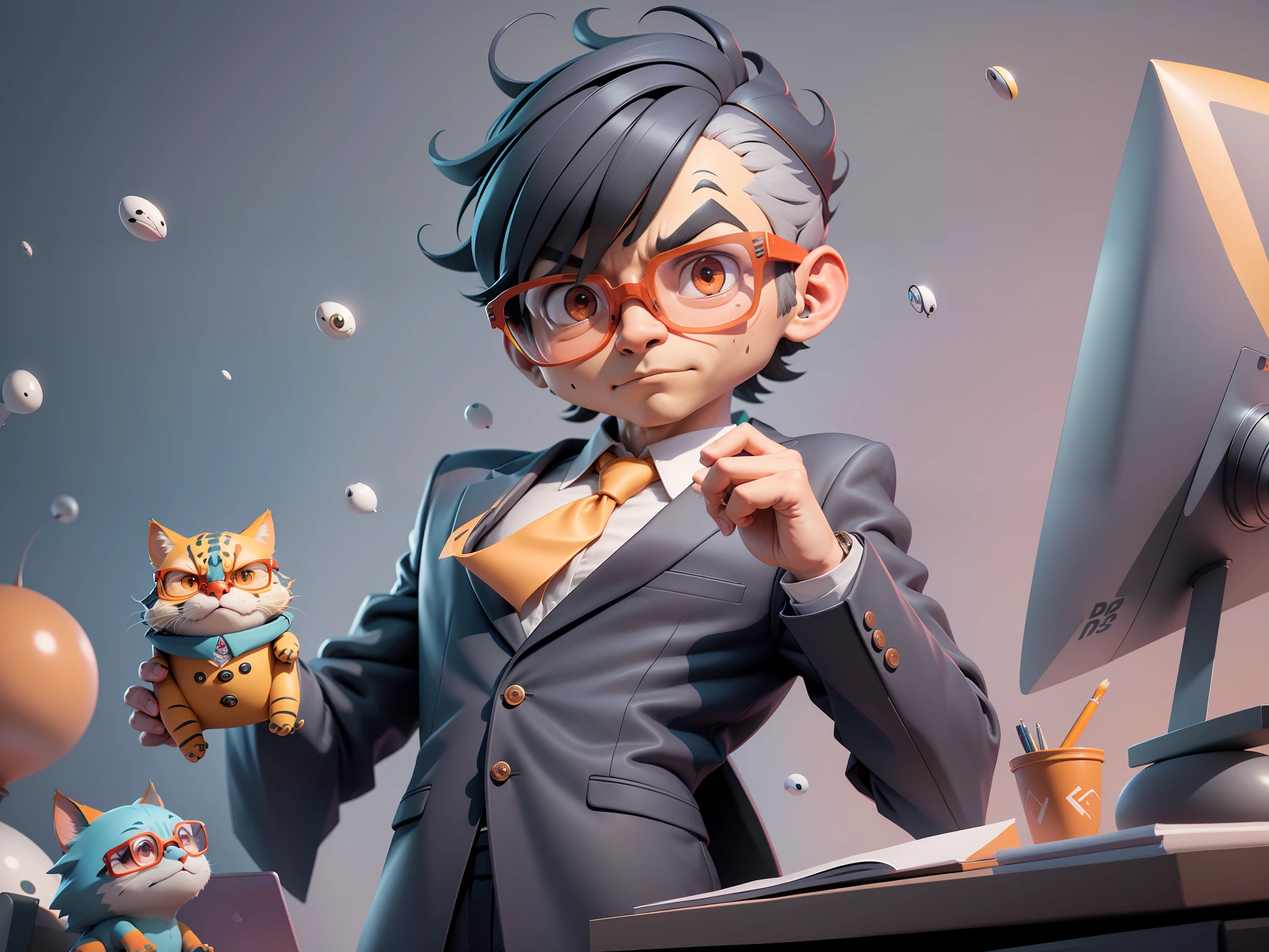 A young man in a suit, Short hair and glasses sat at his desk,holding laptop,digitial painting,tigre,3D character design by Mark Clairen and Pixar and Hayao Miyazaki and Akira Toriyama,4K HD illustration,Very detailed facial features and cartoon-style visuals。