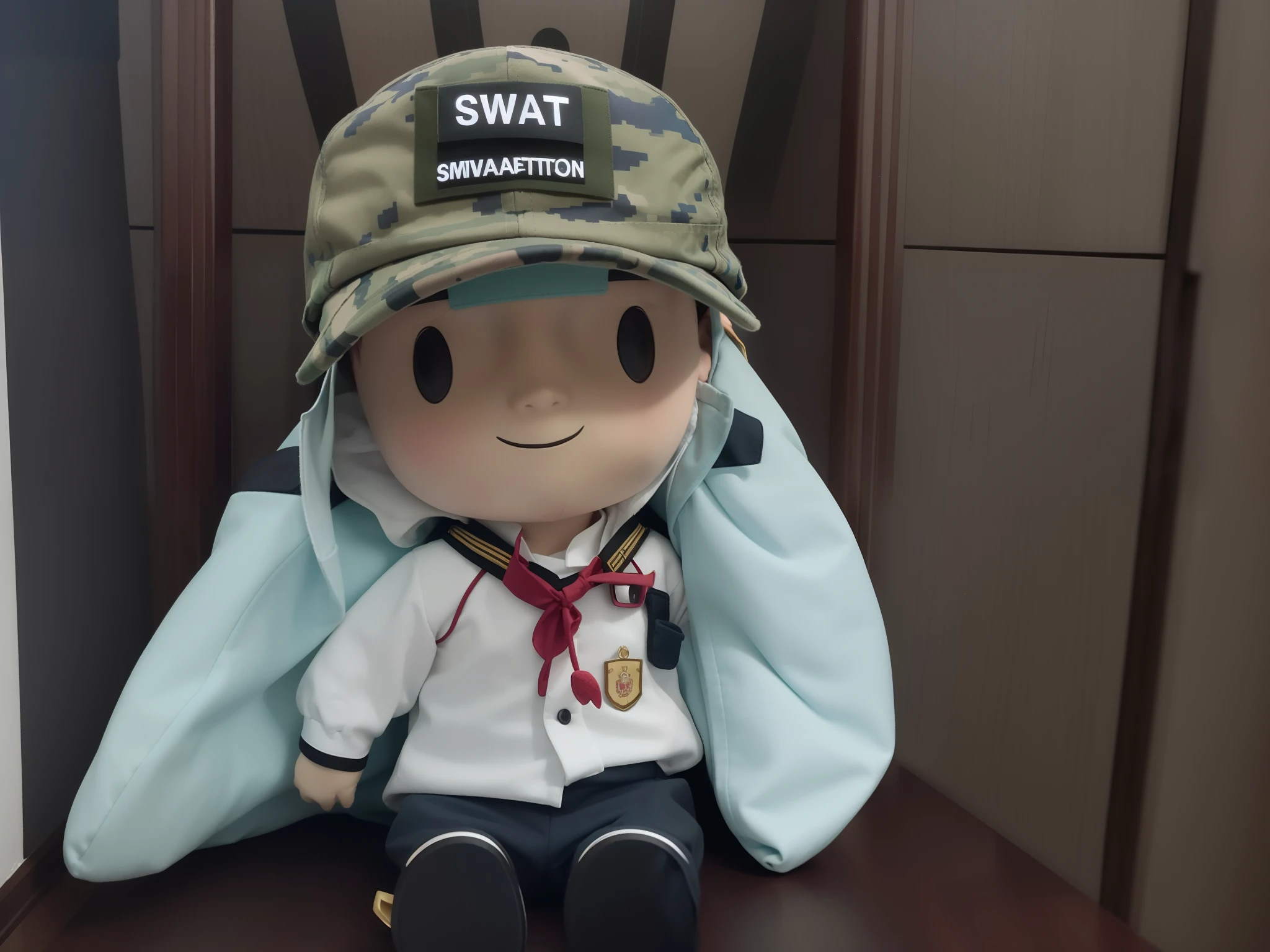 There was a stuffed toy with a hat and jacket, scout boy, kawaii swat team, smart tai warlord, soldier outfit, in a soldier uniform, army suit, in a soldier uniform, in a soldier uniform, Pilot costume, in a soldier uniform, tchibi, taken with canon 8 0 d, Detailed picture, not cropped, captured with sony a3 camera, swat, Sweat