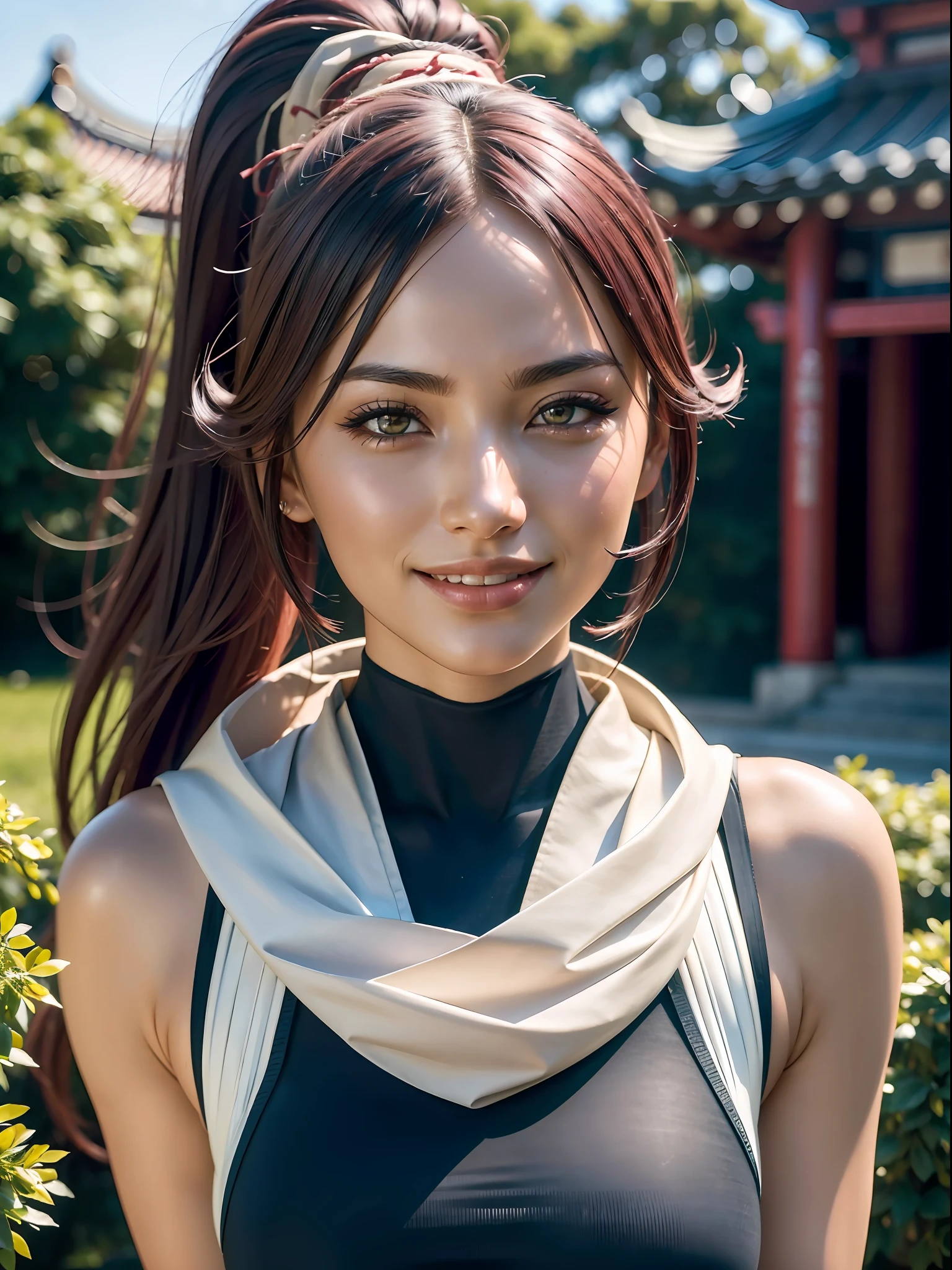 ((Masterpiece)), (high resolution:1.4), (close up:1.6), (standing), shihouin yoruichi, smile, looking at viewer, ponytail, leotard, thighhighs, white scarf, chinesse gardens and temple buildings background, beautifull smile, beautiful face, highly detailed skin, skin pores,(highly detailed face:1.1), (highly detailed eyes:1.1), realistic pupils, full face blush, full lips, (perfect anatomy:1.1), (perfect proportions:1.1), (photography:1.1), (photorealistic:1.1), volumetric lighting, dynamic lighting, real shadows, (highres:1.1), sharp focus, (realistic, hyperrealistic:1.4), intricate, high detail, dramatic, subsurface scattering, big depth of field, vivid, polished, sharpened, ((full Sharp)), (extremely absurdres),16k hdr,