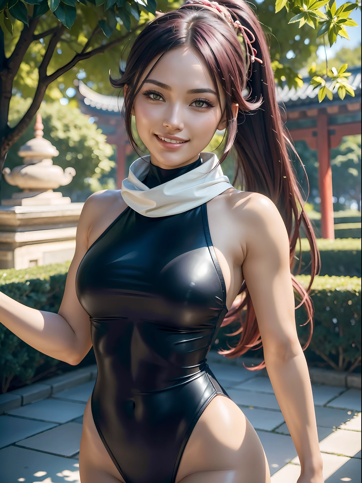 ((Masterpiece)), (high resolution:1.4), (close up:1.6), (standing), shihouin yoruichi, smile, looking at viewer, ponytail, leotard, thighhighs, white scarf, chinesse gardens and temple buildings background, beautifull smile, beautiful face, highly detailed skin, skin pores,(highly detailed face:1.1), (highly detailed eyes:1.1), realistic pupils, full face blush, full lips, (perfect anatomy:1.1), (perfect proportions:1.1), (photography:1.1), (photorealistic:1.1), volumetric lighting, dynamic lighting, real shadows, (highres:1.1), sharp focus, (realistic, hyperrealistic:1.4), intricate, high detail, dramatic, subsurface scattering, big depth of field, vivid, polished, sharpened, ((full Sharp)), (extremely absurdres),16k hdr,