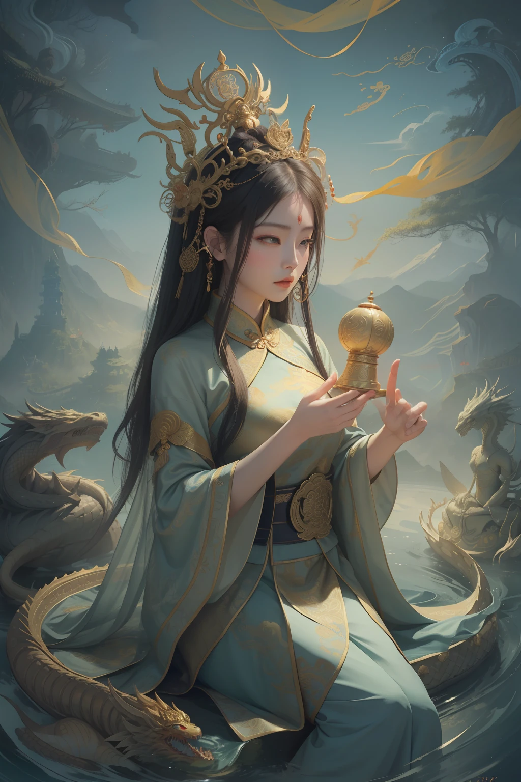 an ancient Chinese goddess, guanyin of the southern seas, Guanyin, Inspired by China, Avalokiteshvara rides a dragon,,Serene expression,shui mo hua,Buddha,Buddhist,Lotus,Chinese painting style,Thangka style