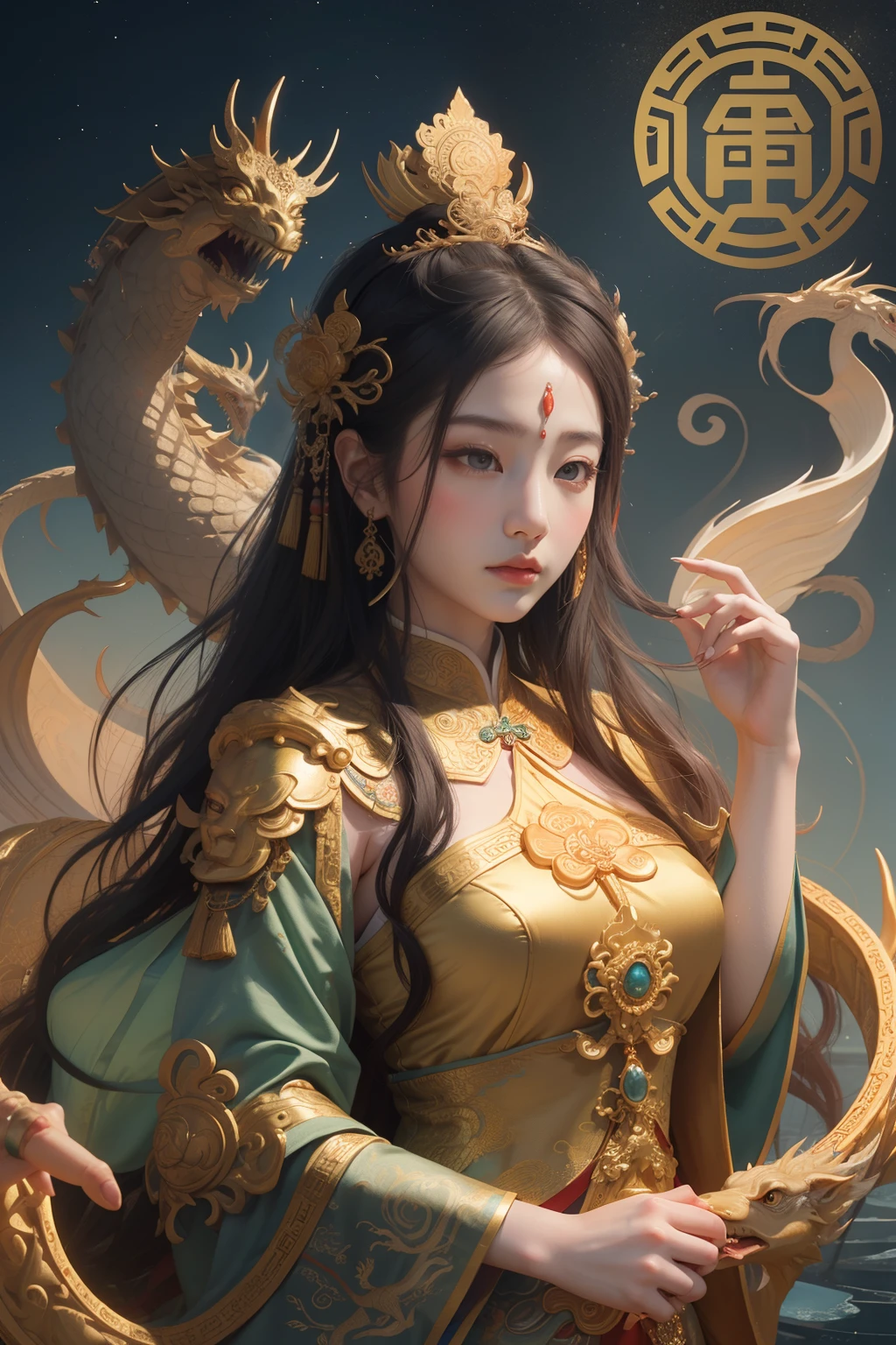 an ancient Chinese goddess, guanyin of the southern seas, Guanyin, Inspired by China, Avalokiteshvara rides a dragon,,Serene expression,shui mo hua,Buddha,Buddhist,Lotus,Chinese painting style,Thangka style