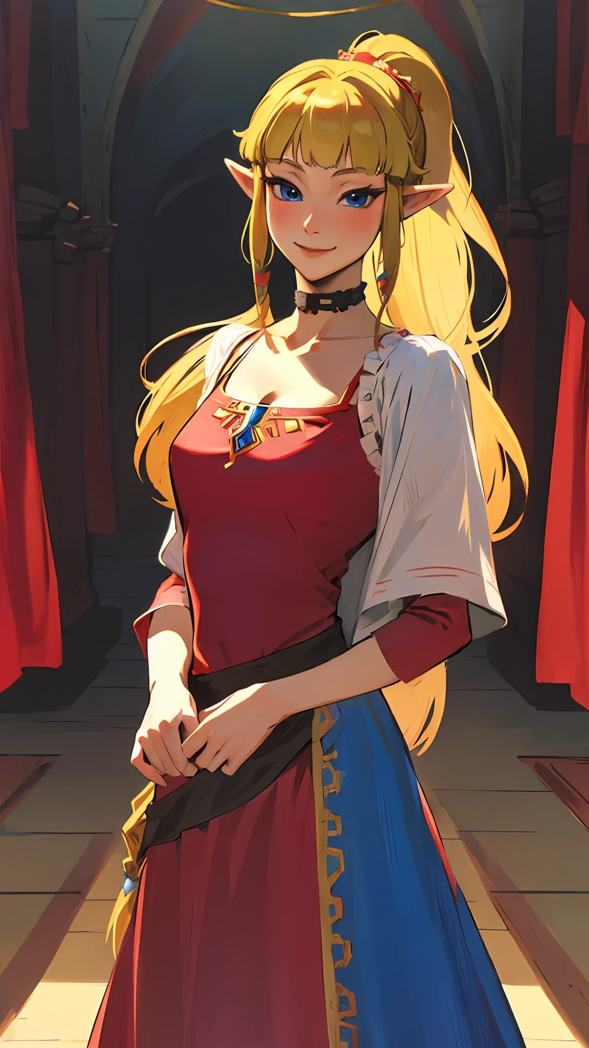 (masterpiece, best quality:1.2), (looking at viewer), princess, Zelda, red theme, long dress, blonde hair, blue eyes, palace, frills, cowboy shot, ponytail,(blushing:0.9), (choker), (smiling:0.7)