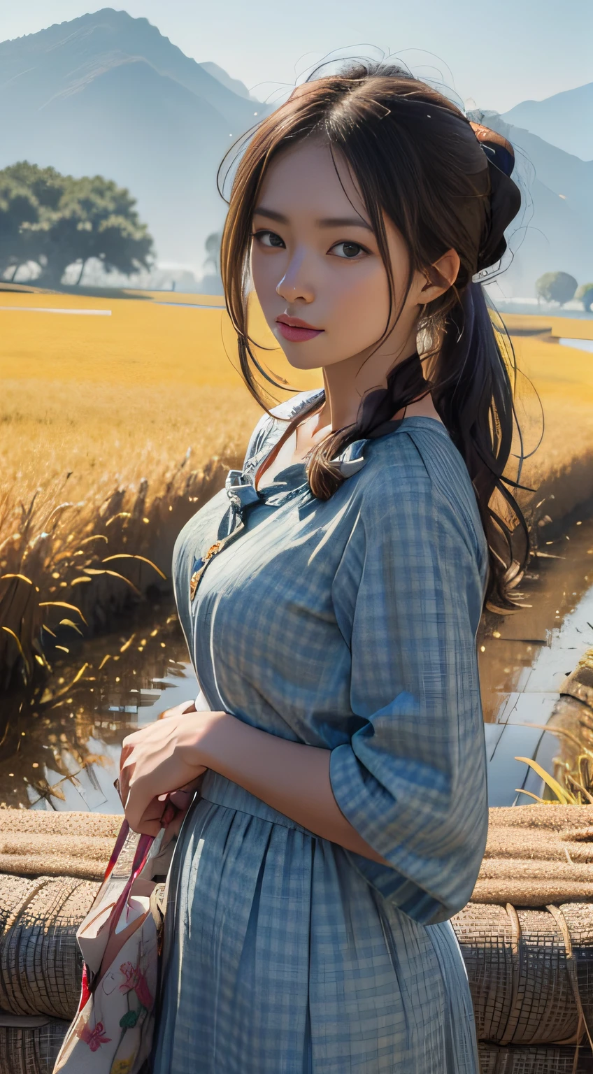 realistic photo, a realistic photo of 22 year girl wearing Vintage-inspired gingham dress, High Ponytail with Bandana,A rice field during harvest time, with golden sheaves of rice background, (extremely detailed CG unity 8k wallpaper), photo of the most beautiful artwork in the world, 8k uhd, dslr, natural lighting, high quality, High Detail, Sharp focus, dramatic, (looking at viewer:1.2)