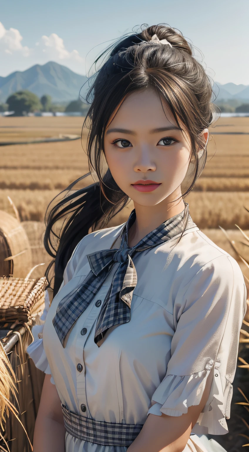 realistic photo, a realistic photo of 22 year girl wearing Vintage-inspired gingham dress, High Ponytail with Bandana,A rice field during harvest time, with golden sheaves of rice background, (extremely detailed CG unity 8k wallpaper), photo of the most beautiful artwork in the world, 8k uhd, dslr, natural lighting, high quality, High Detail, Sharp focus, dramatic, (looking at viewer:1.2)