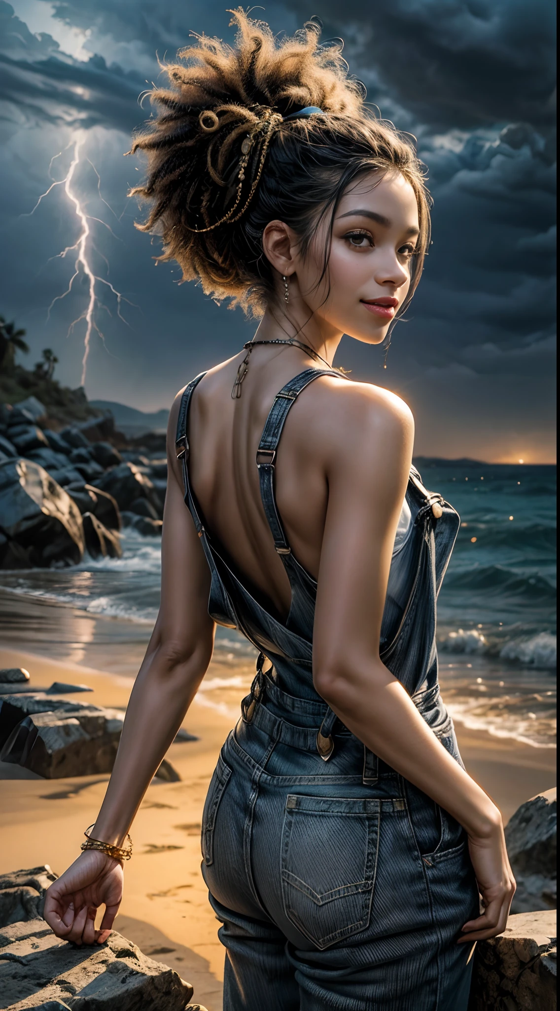 Garota 18 anos afro-americana na chuva sorrindo, Abaixo,expression of happiness, euforia, corpo molhado,seios grandes, cabelo molhado prateado, sensual ,cybernetics looking at the camera , Dress Overalls,Obra-prima realista, Pose ativa, action pose, luz LED | | | | |, Gold Parts, franja, cabelo curto molhada, vista traseira, Costas, in a storm overcast sky with lightning and lightning,em uma enchente,( rear camera angle)