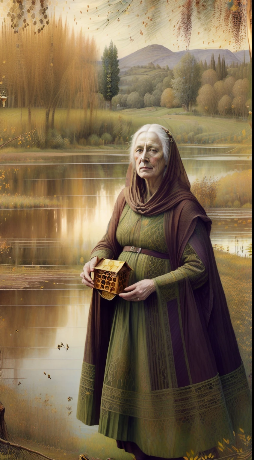 (((Pre-Raphaelite Celtic painting of an elderly woman, Granny, holding a honeycomb, under a willow tree, lake, Irish landscape, bees, autumn tones)))