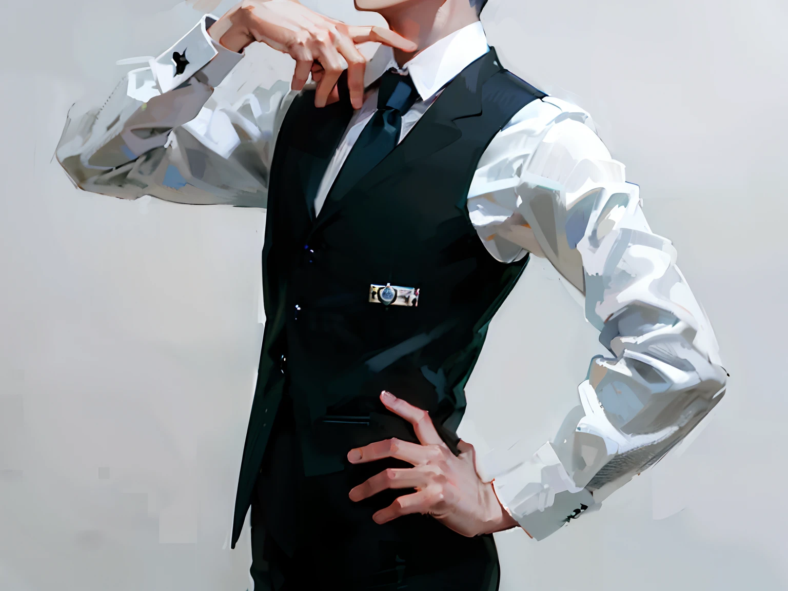 Man in vest and tie poses for a photo,posing elegantly,suit vest,Top hat and gloves,Strict suit,waistcoat,Thick coating,CG,tmasterpiece,mano