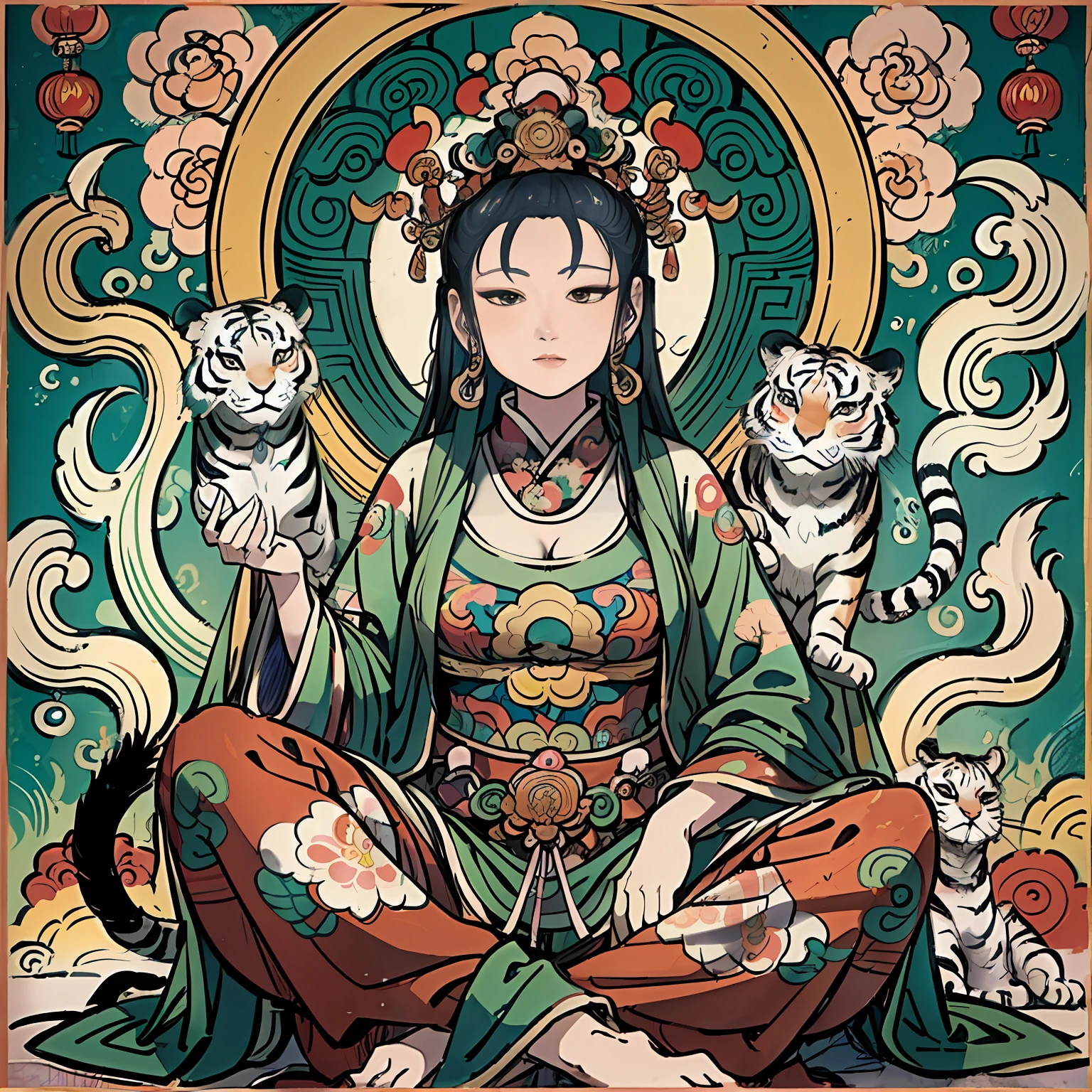 an ancient Chinese goddess, guanyin of the southern seas, Guanyin, Inspired by India, Avalokiteshvara rides a tiger,,Serene expression,shui mo hua,Buddha,Buddhist,Lotus,Chinese painting style,Thangka style