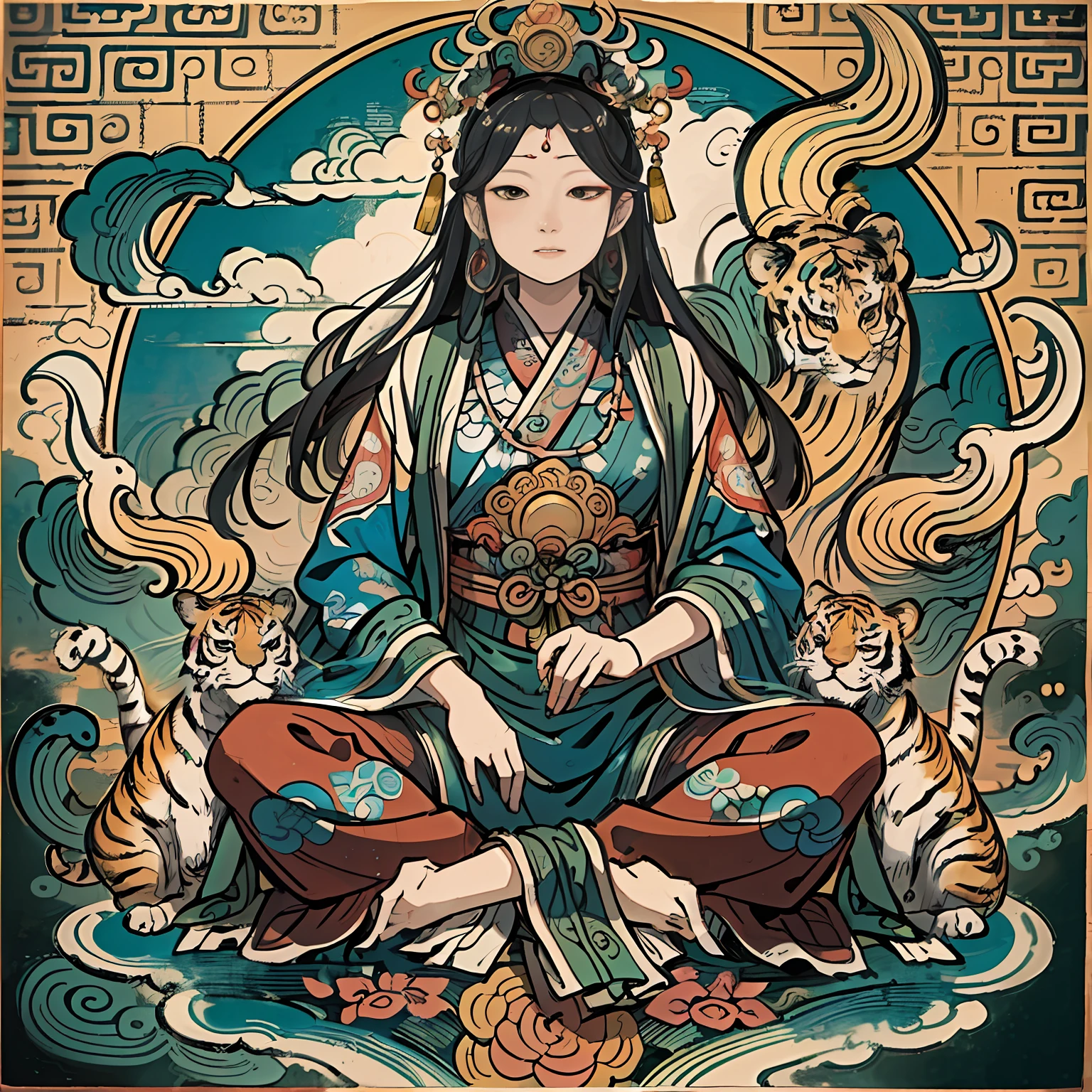 an ancient Chinese goddess, guanyin of the southern seas, Guanyin, Inspired by India, Avalokiteshvara rides a tiger,,Serene expression,shui mo hua,Buddha,Buddhist,Lotus,Chinese painting style,Thangka style