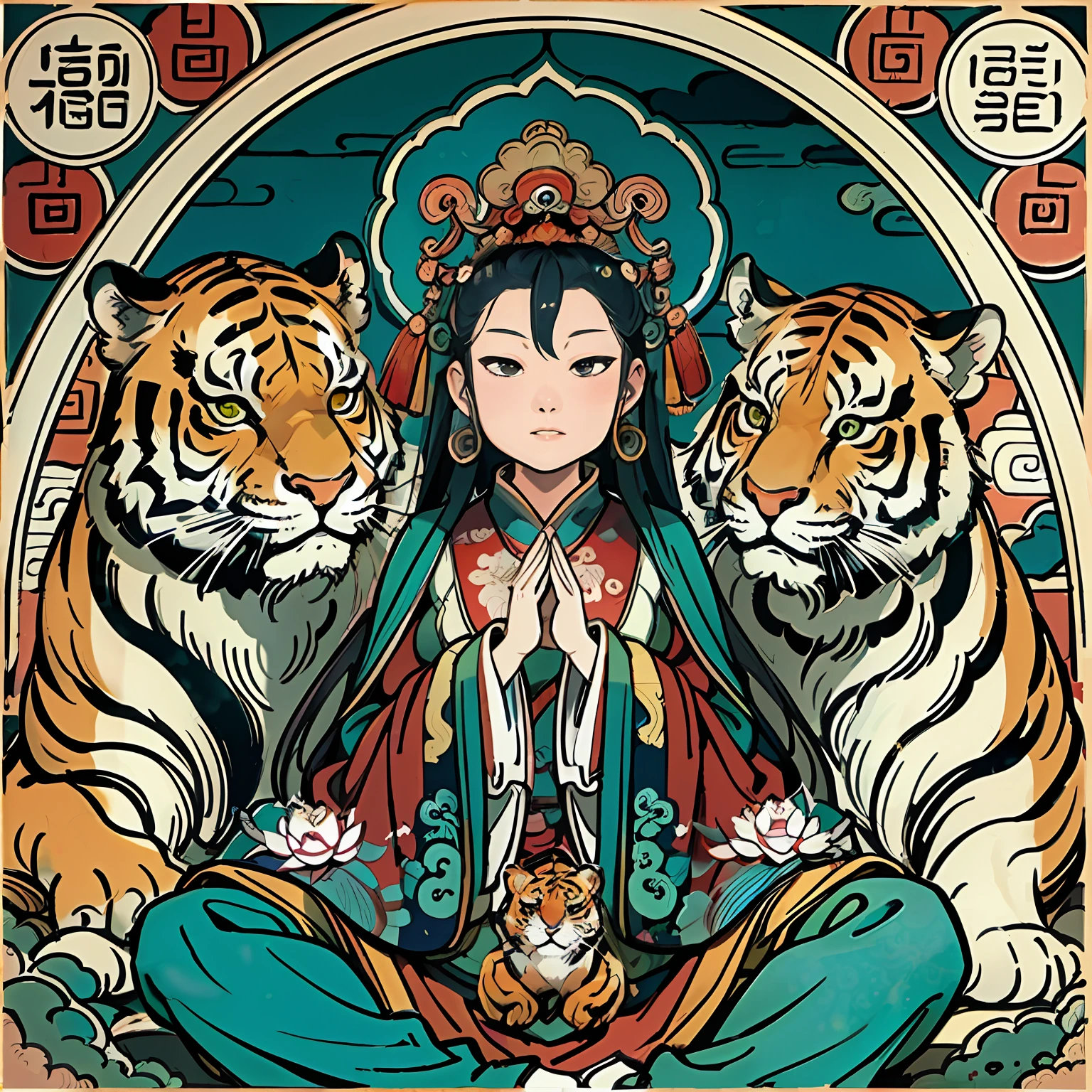an ancient Chinese goddess, guanyin of the southern seas, Guanyin, Inspired by India, Avalokiteshvara rides a tiger,,Serene expression,shui mo hua,Buddha,Buddhist,Lotus,Chinese painting style,Thangka style