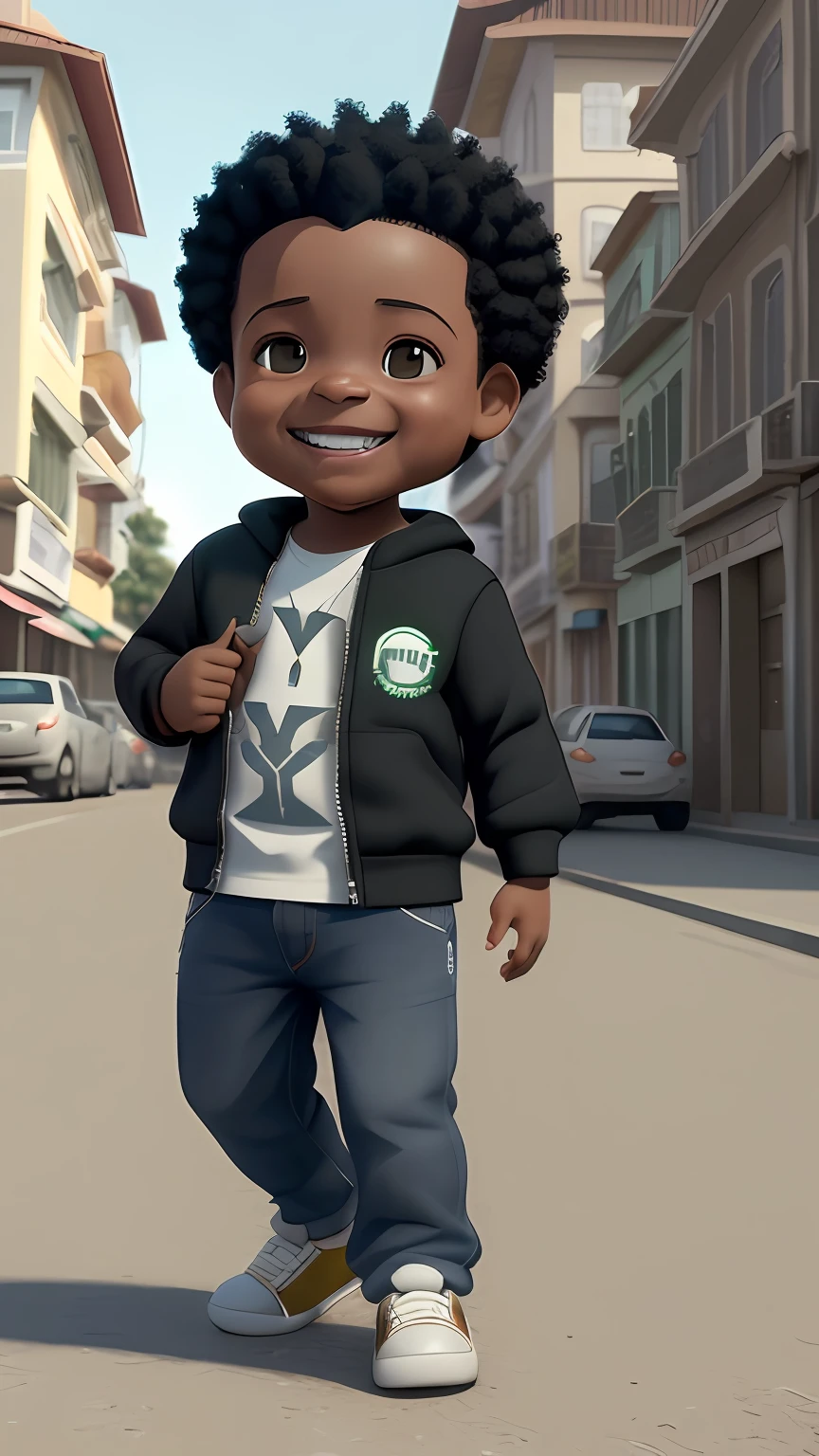 Personagem de desenho animado 3D segurando um pequeno celular em uma rua da cidade, menino negro, (afetos faciais detalhados)((())), arte do filme, tiro limpo, ghailan!, como um personagem pixar, jovem bonito, cabelo afro, grace and blessing, (((sorriso bonito))), renderizado em irreal, imagem promocional do filme, imagem renderizada