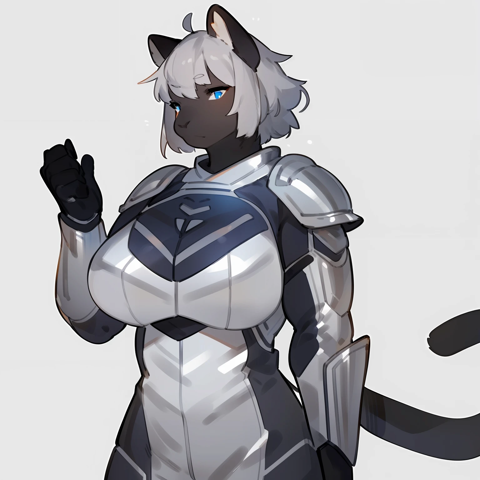 By bebebebebe, by spuydjeks, by buta99, by spikedmauler, solo, standing, female, ((hair, snout)), (((muscular))), steel chest piece, metal shoulder pads, ((silver spacesuit under armor)), (((silver))), big breasts, silver knight armor, black panther