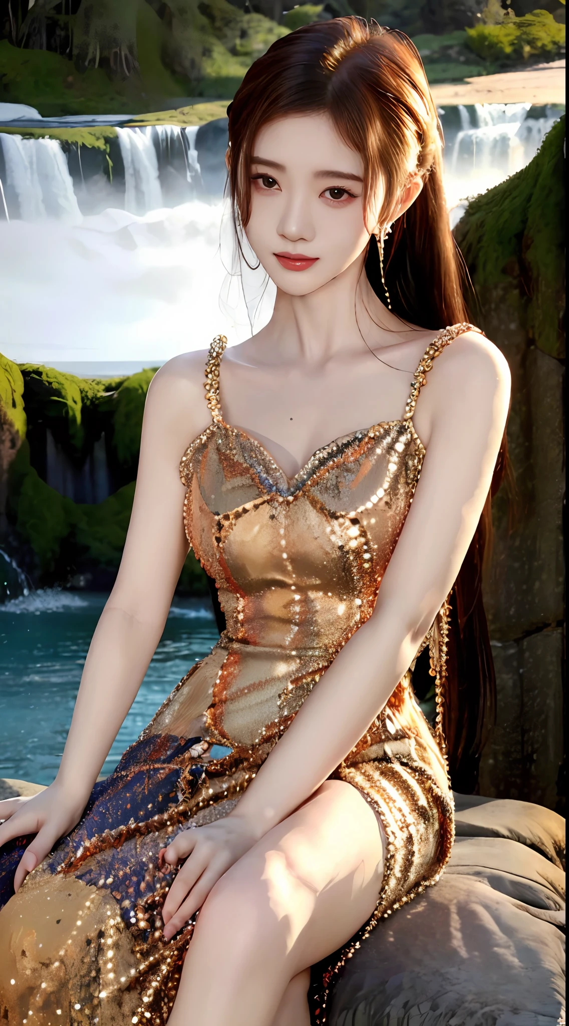 Ju Jingyi's face，F Cup Girl，hands behind body，Super realistic photo of waterfall in background，best qualtiy，Seductive burst breasts， beautifullegs，Sweet smiling，Delicate fair skin，50 million pixel quality，Exquisite and perfect facial features，detail in face，二重まぶた，tall nose bridge，Lip biting makeup，Delicate brunette hair，Feminine temperament，Fill your face light，New Chinese style modified low-cut flag blister