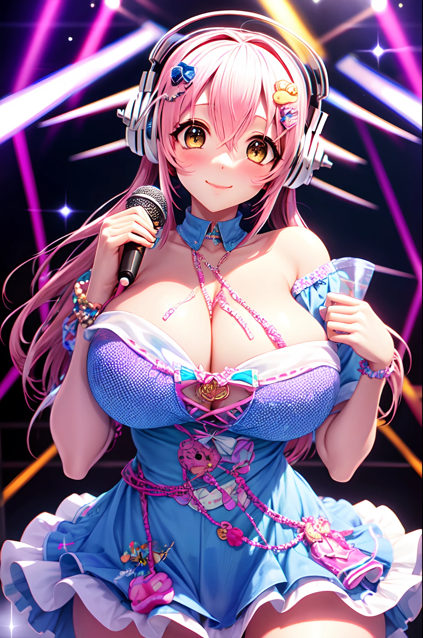 masterpiece,best quality,detailed,idol stage,microphone,super sonico on stage,adult,gigantic breasts, BREAK super sonico wearing an intricate off shoulder Harajuku goth gal dress BREAK decora,hairclips,(brightly lit stage),(pink,white,blue,yellow tetradic colors),sparkling idol