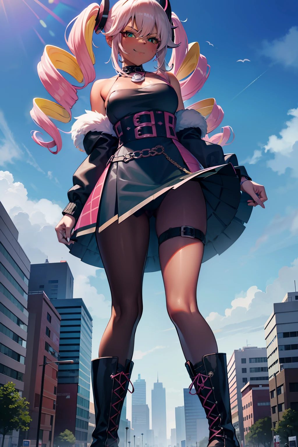 Pink fur trimmed coat,coat off shoulders,bear shoulders,multicolored hair,twin drill hair,dark skinned female,dark skin,green eyes,black and blonde hair,GtsGiga,Looming,Gtscity,cityscape,masterpiece,clouds,smirking,biker outfit,high eel boots,short pink dress,medium breast,mature female,long hair,punk,gyaru,long drills