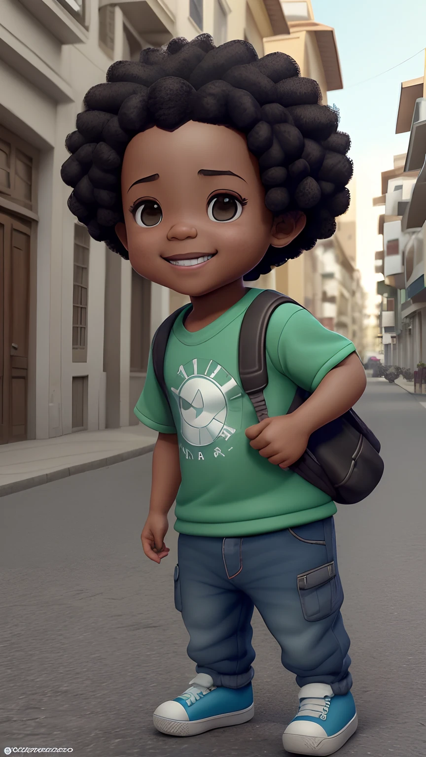 Personagem de desenho animado 3D segurando um pequeno celular em uma rua da cidade, menino negro, (afetos faciais detalhados)((())), arte do filme, tiro limpo, ghailan!, como um personagem pixar, jovem bonito, cabelo afro, grace and blessing, (((sorriso bonito))), renderizado em irreal, imagem promocional do filme, imagem renderizada