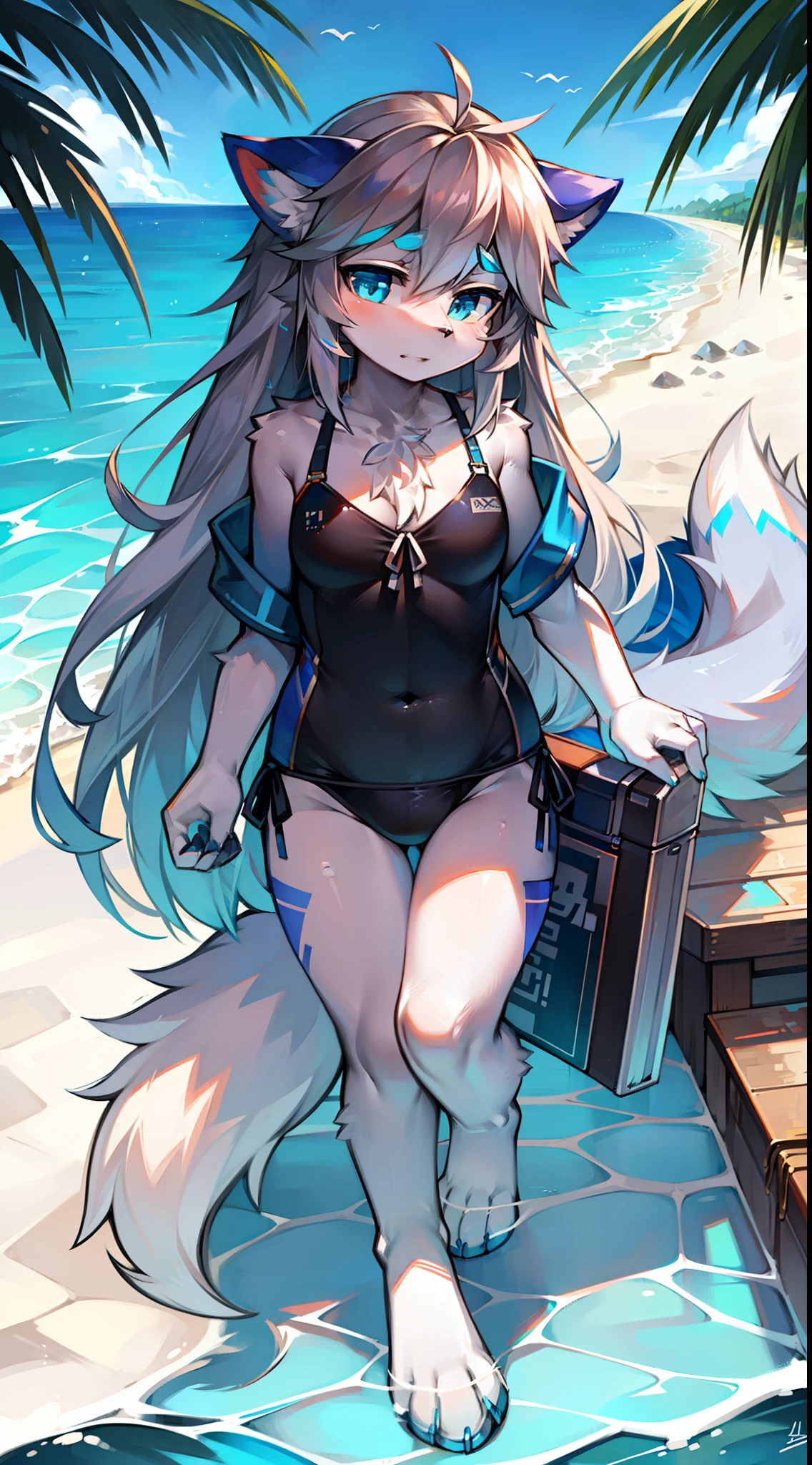 sandbeach，swim wears，Big-tailed wolf，blue color eyes，grey long hair