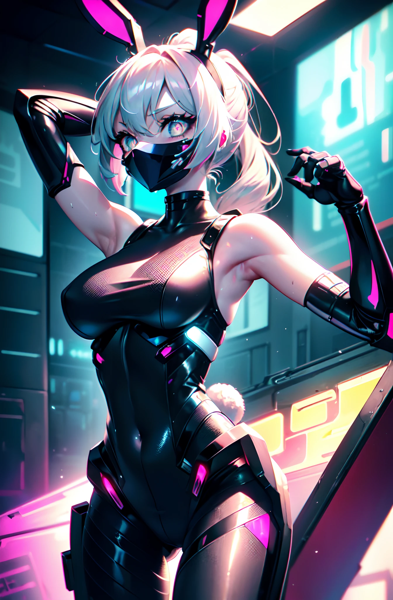 transcendent beautiful girl, (masterpiece eyes:1.5), (sleeveless exoskeleton bodysuit:1.3), sweat skin, (red long hair, ponytail), (exposed sideboob, exposed armpits, exposed groin), cowboy_shot, side focus, shiny, Huge_breasts, wide_lower back, (arms behind head, armpits), open stance, (cyber tech punk mouth mask:1.2), cyber punk city, (rabbit ears, rabbit tail), Masterpiece, best quality, captures a super cute moment, depth of field, ultra detailed, ultra high resolution, C4D, Octadale, 3D modeling, 8k, 16k,
