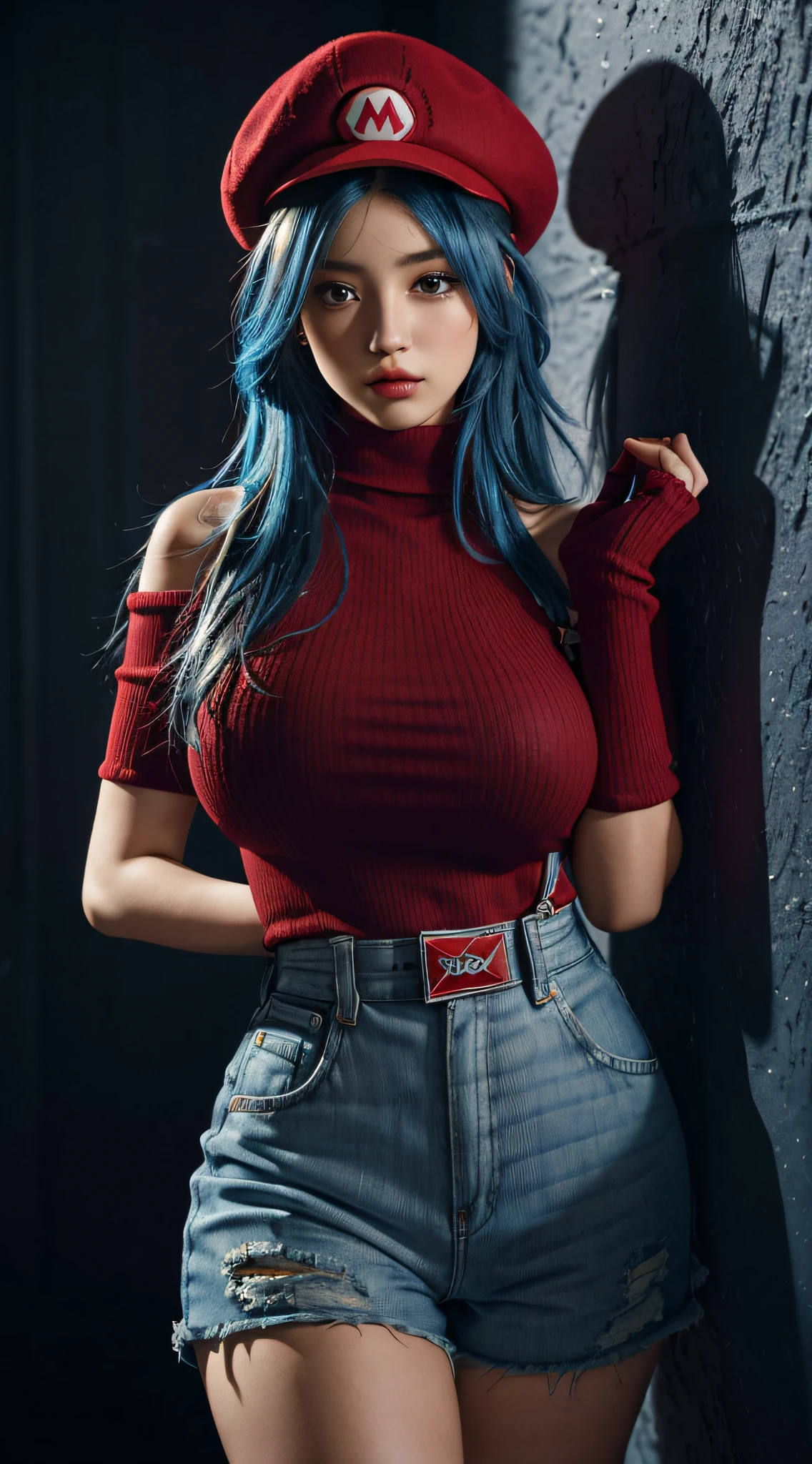 color_hair, blue_hair, brown_hair,, crazy detail, intricate detail, hyperdetail, ultra-detail, extreme detail, supreme detail, high_detail, colorful, beautiful, HDR, realistic, high resolution, ultra_high_res, photography, aesthetics, extremely_delicate,,(1girl,,makeup,blush,tall, Big breasts: 1.5, Thick legs: 1.6), ((Mario red hat)), ((Red turtleneck off-the-shoulders: 1.8)), ((Blue leather strap ultra shorts, Suspenders: 1.5)), (White gloves), (Detailed leather texture: 1.8))), Leaning against the wall, shadow projected on the wall, (White light and shadow room), Studio lighting, detailed picture details, (Masterpiece: 1.3), (best_quality:1.3), (ultra_ detailed:1.3), 8K, extremely_clear, realism, (surreal:1.3),