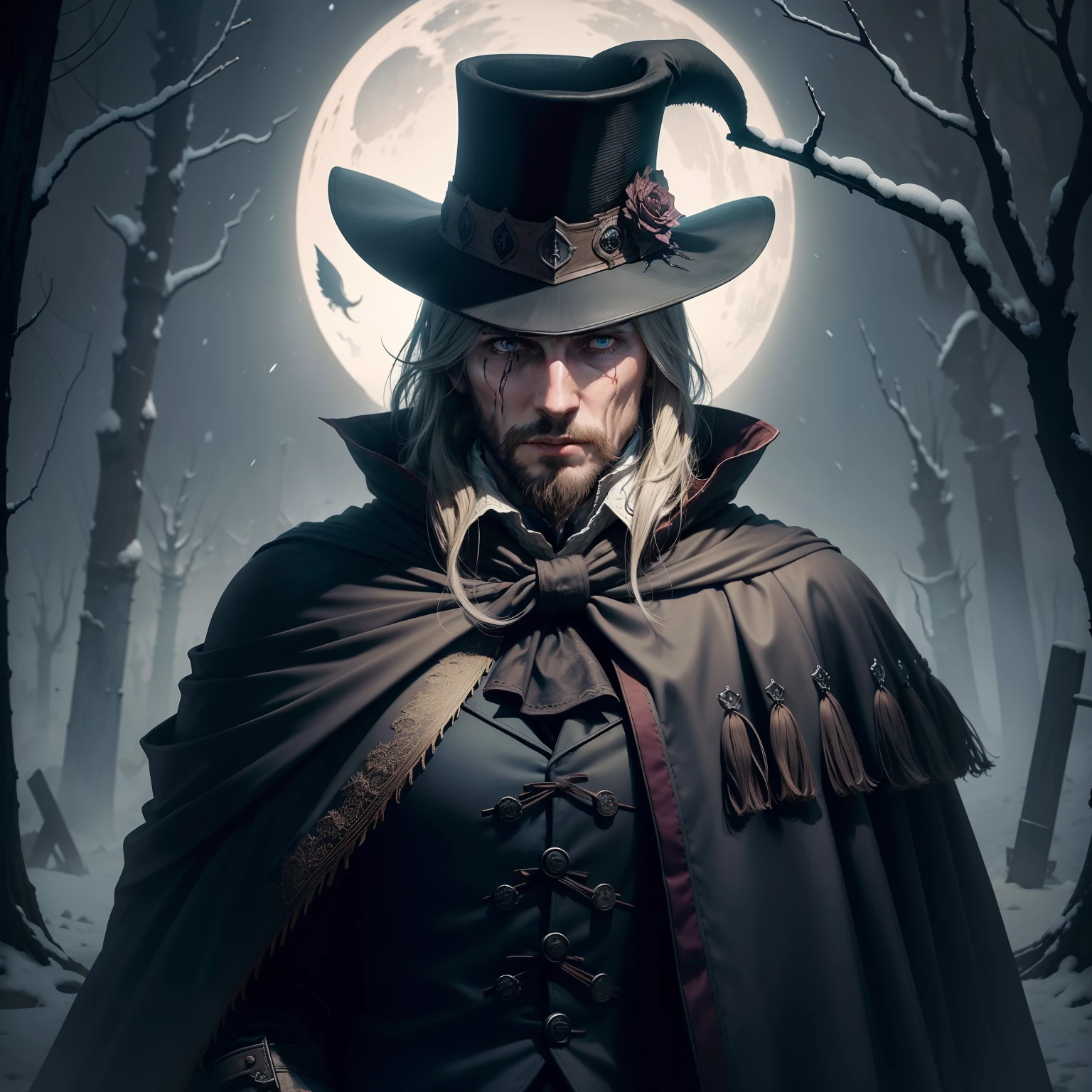 Bloodborne Bell Tower Clouds Crescent Moon Vast Snow The old hunter's face has been through vicissitudes，Wearing a hat, wearing a cloak, a top hat covering his face, a sawmiller in his hand, dead bodies all over the ground, blood soaking the earth, dead trees overgrown, vines spread over high walls