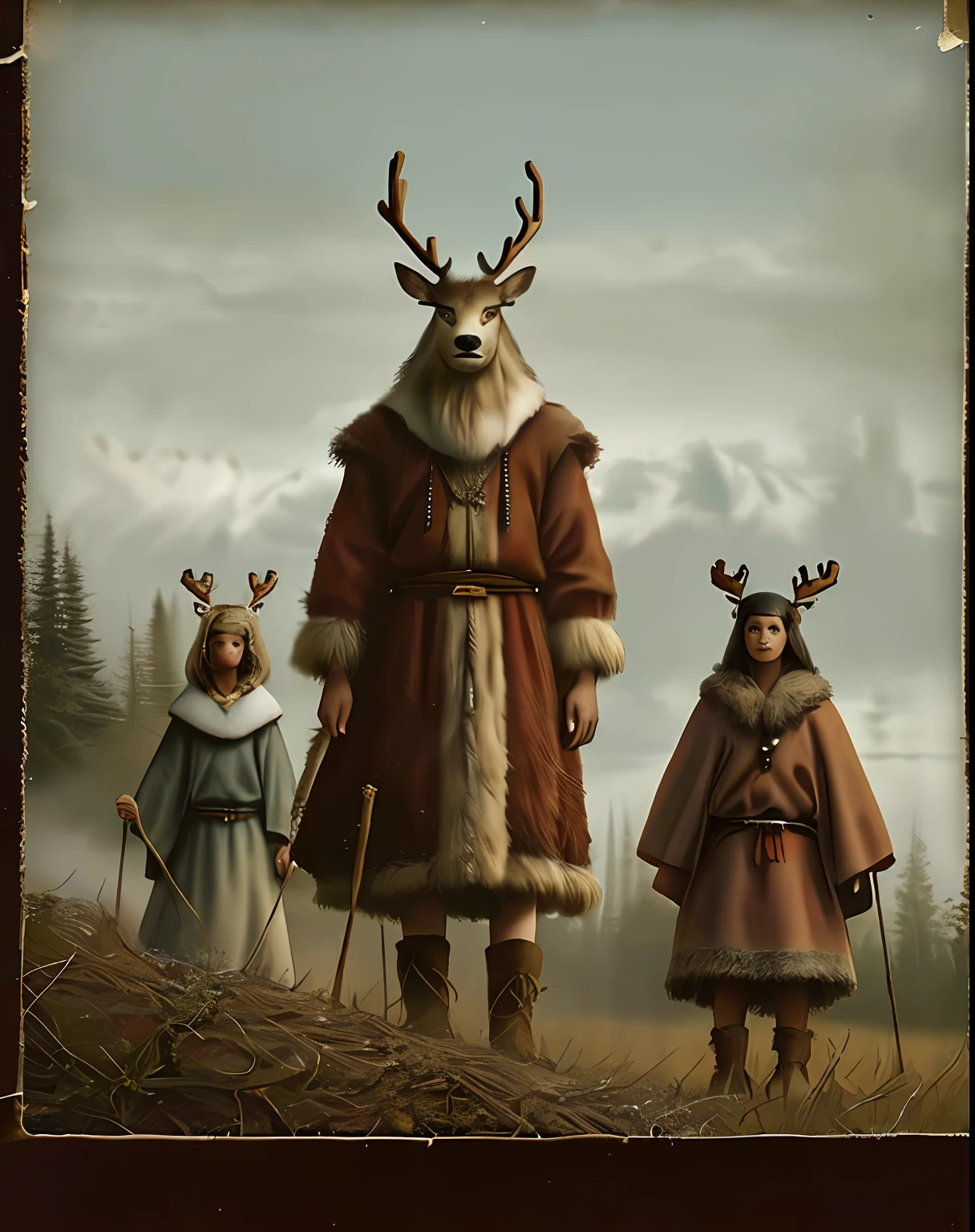 Three primitive people wearing antlers and furry masks,Stand in the wilderness,Old and broken photo grain textures,Not clear,There is fog