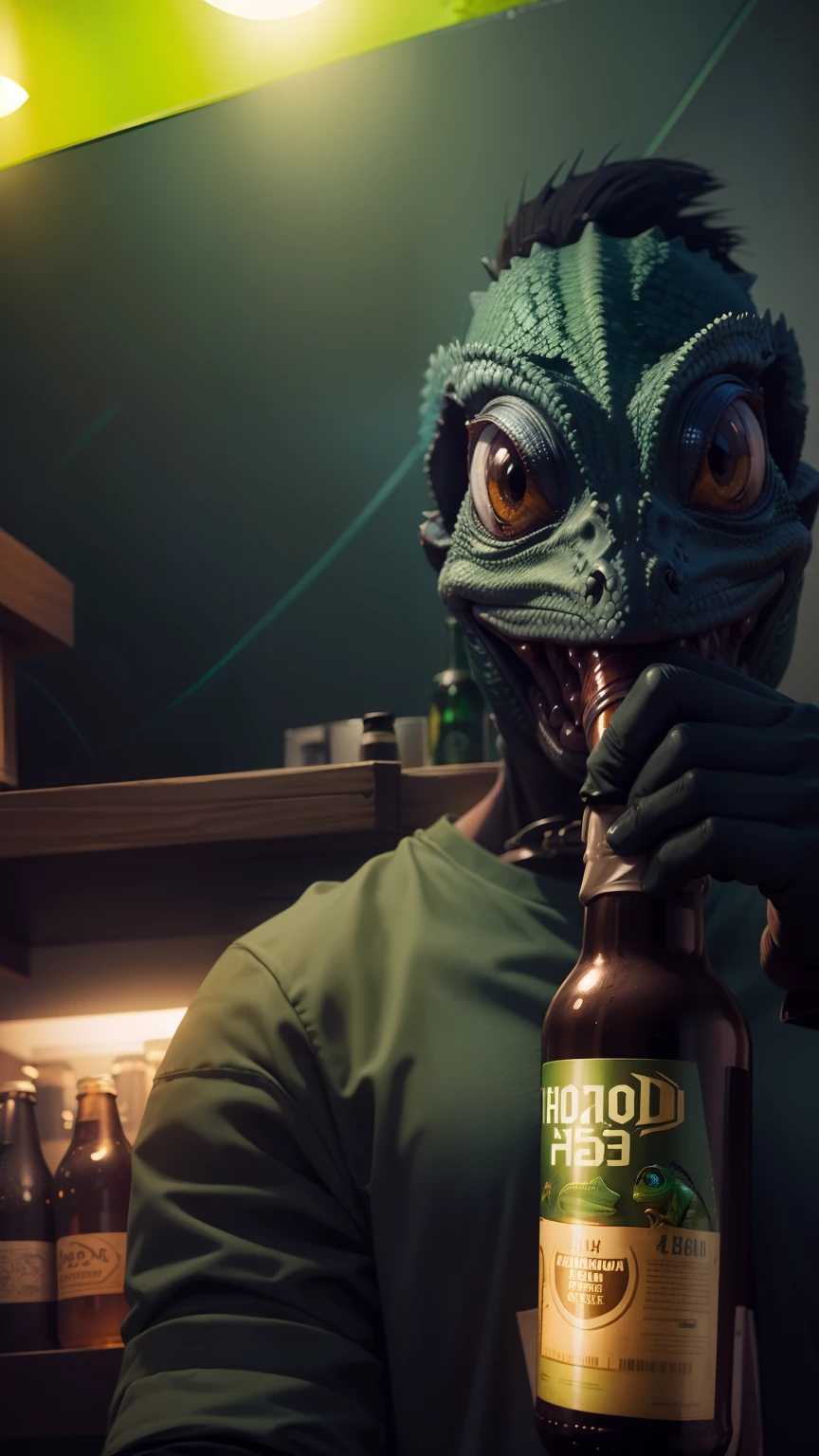 Closeup A humanoid chameleon holding a beer bottle