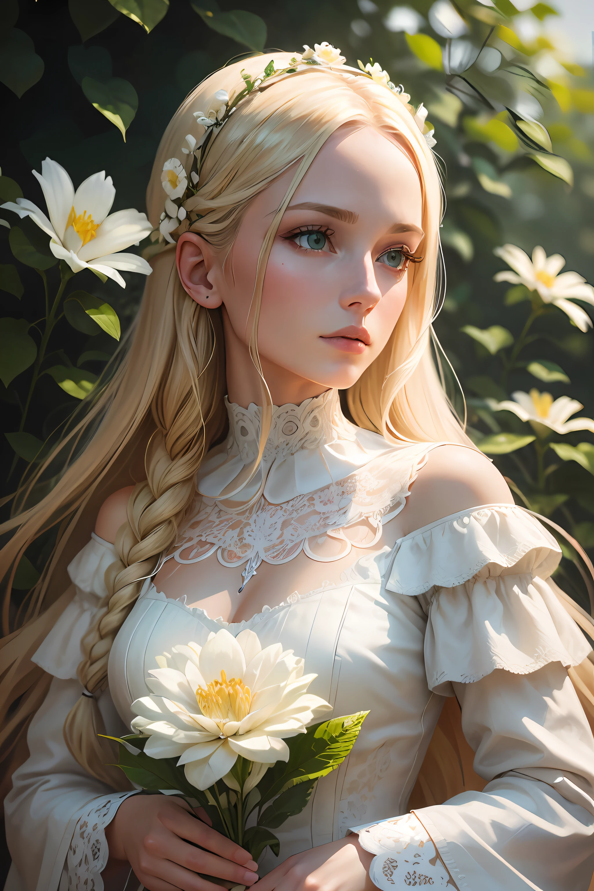 35mm, incredibly hyper-detailed and intricately realistic, full body character, adult, beautiful, female, perfect, long blonde hair, green eyes, elegant white dress, flowers in hair, detailed face, white skin, mature facial features of a woman nordica, garden background, cover art, zoom out, choker, hyper detailed painting, luminism, bar lighting, complex, 4k resolution concept art portrait --auto