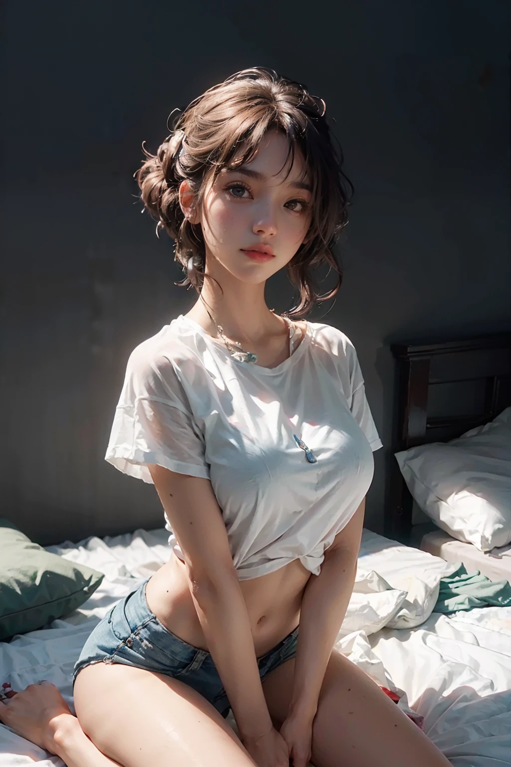 1girll,Medium breast, star eye, Blush, (Extremely detailed Cg Unity 8K wallpaper, Best quality, A high resolution:1.2), (Supergianthugebreasts_Detailed, hyper HD:1.2), lighting perfect, distinct, (1girll:1.4), (a beauty girl:1.2), illusory engine, side-lighting, Perfect face, Detailed face, Perfect body, Beautiful eyes, Pretty face, (Bright Skin:1.4), heartthrob, (full bodyesbian)
(completly ), White T-shirt, See-through,sit on a bed,Lazy,Eyes are confused