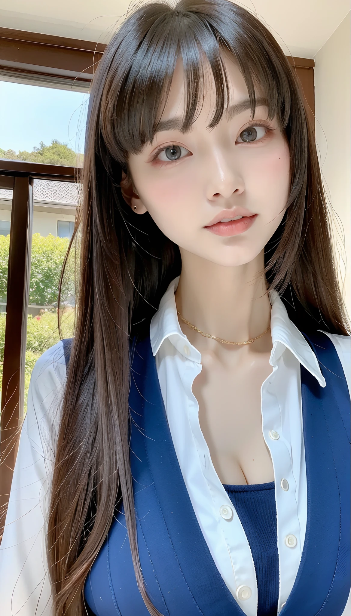 perfect figure beautiful woman：1.4，Layered Hair Style，Protruding cleavage，see-through school uniform：1.5，Highly Detailed Face and Skin Textur，二重まぶた，Whiten the skin，Collar