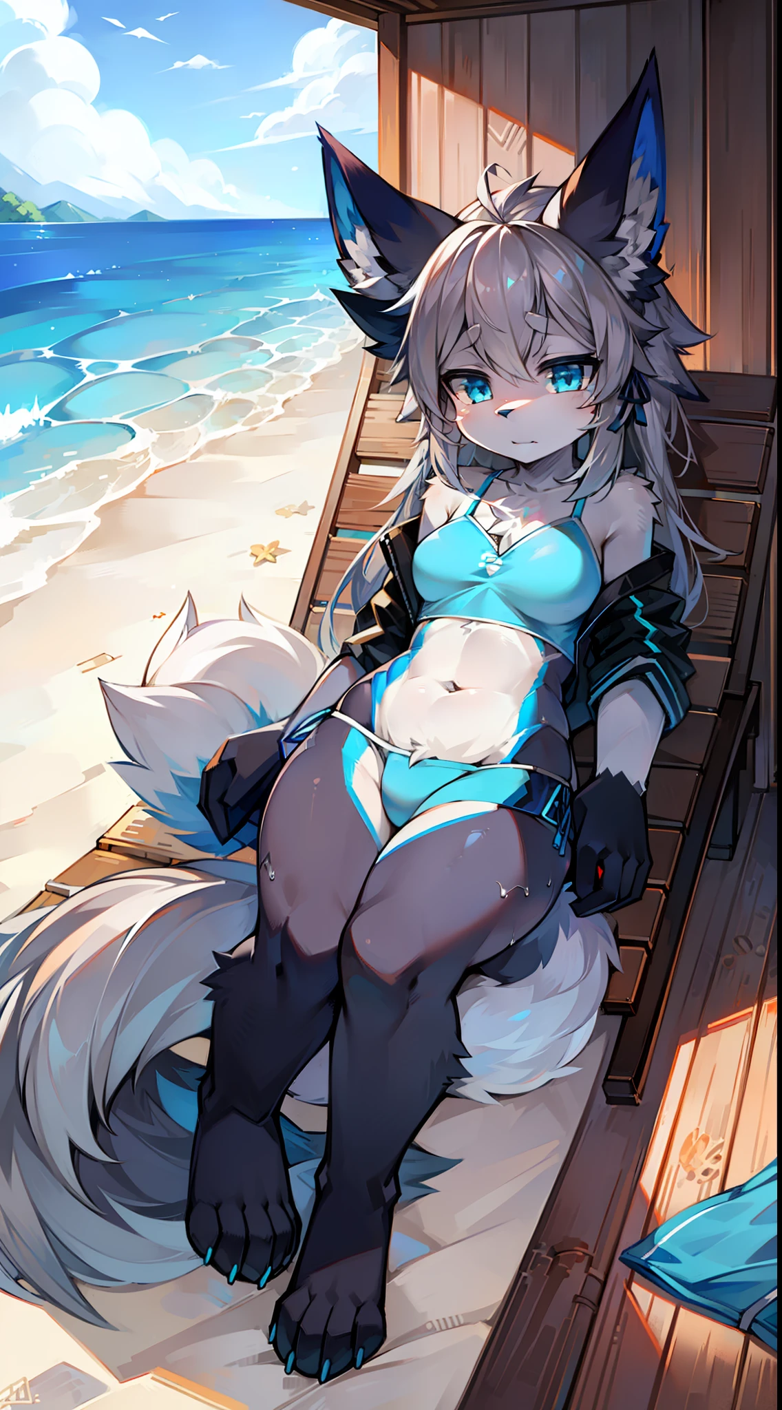 sandbeach,swim wears,Big-tailed wolf,blue color eyes,Gray hair all over,female,long whitr hair